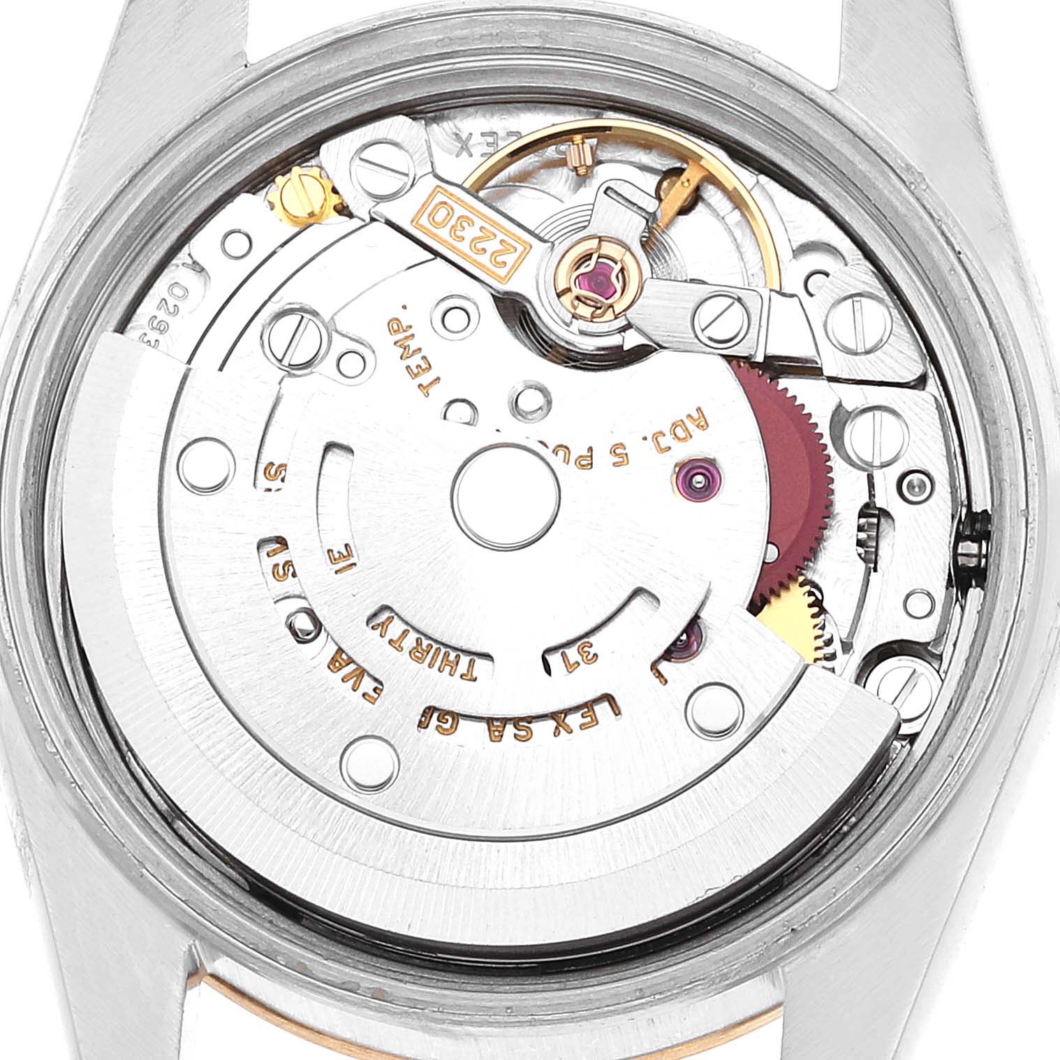 The image shows the exposed mechanical movement of a Rolex Datejust 76193 Women's Steel and Gold (two tone) Blue Dial 76193 Women's Steel and Gold (two tone) Blue Dial watch from the back angle.