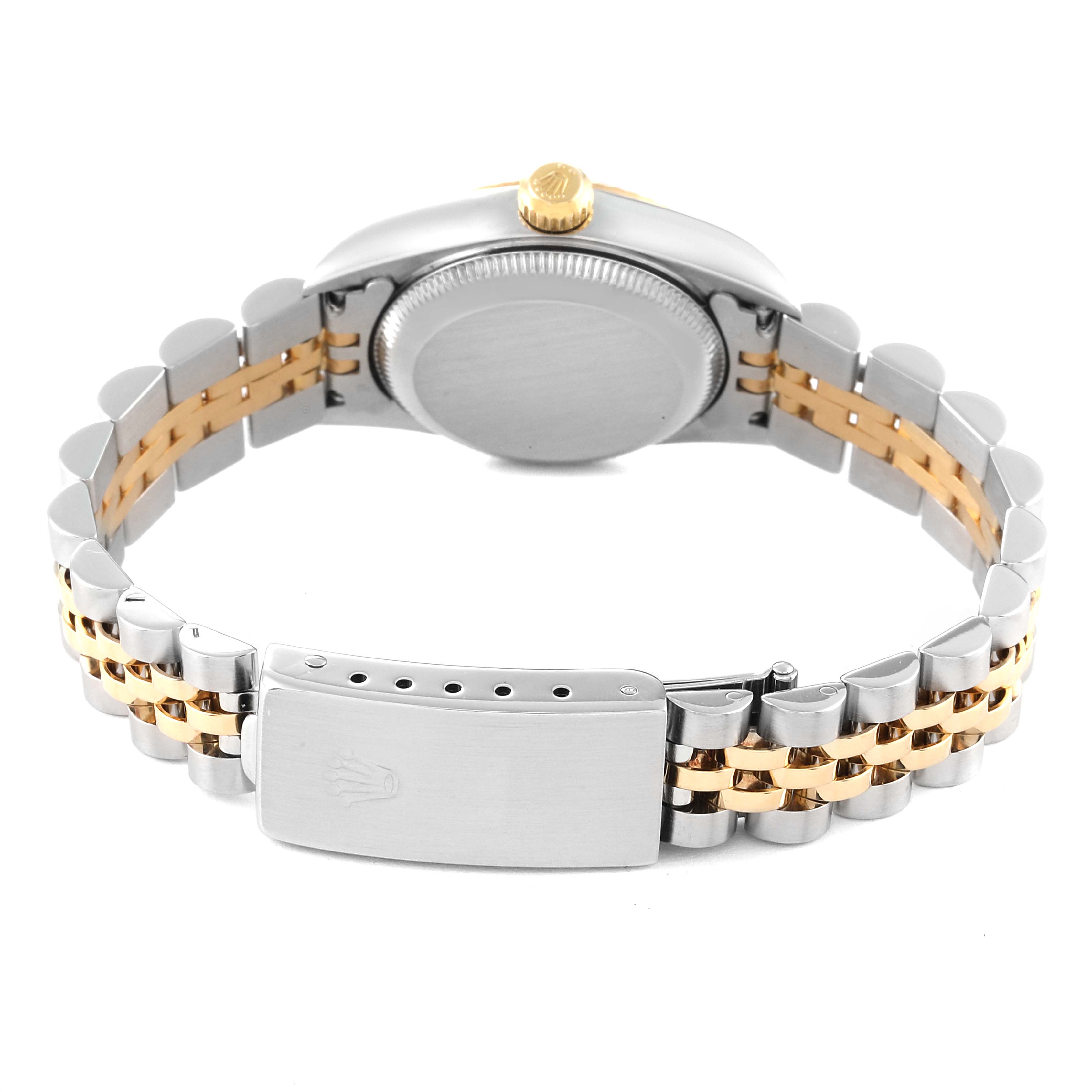 This image shows the backside and bracelet of a Rolex Datejust 76193 Women's Steel and Gold (two tone) Blue Dial 76193 Women's Steel and Gold (two tone) Blue Dial watch, highlighting the clasp and crown.