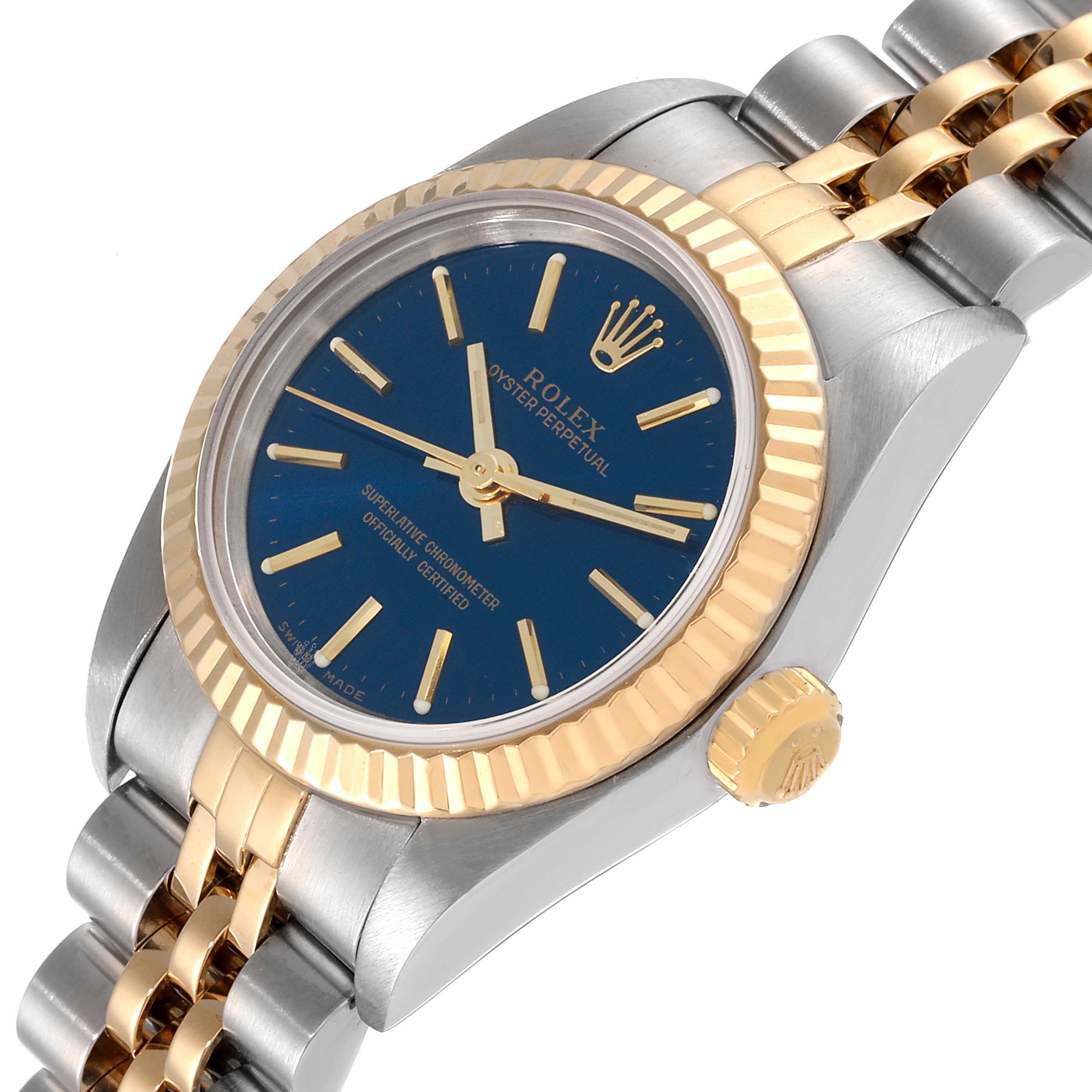 The Rolex Datejust 76193 Women's Steel and Gold (two tone) Blue Dial 76193 Women's Steel and Gold (two tone) Blue Dial watch is shown from an angled top view, highlighting the blue dial, fluted bezel, crown, and part of the bracelet.