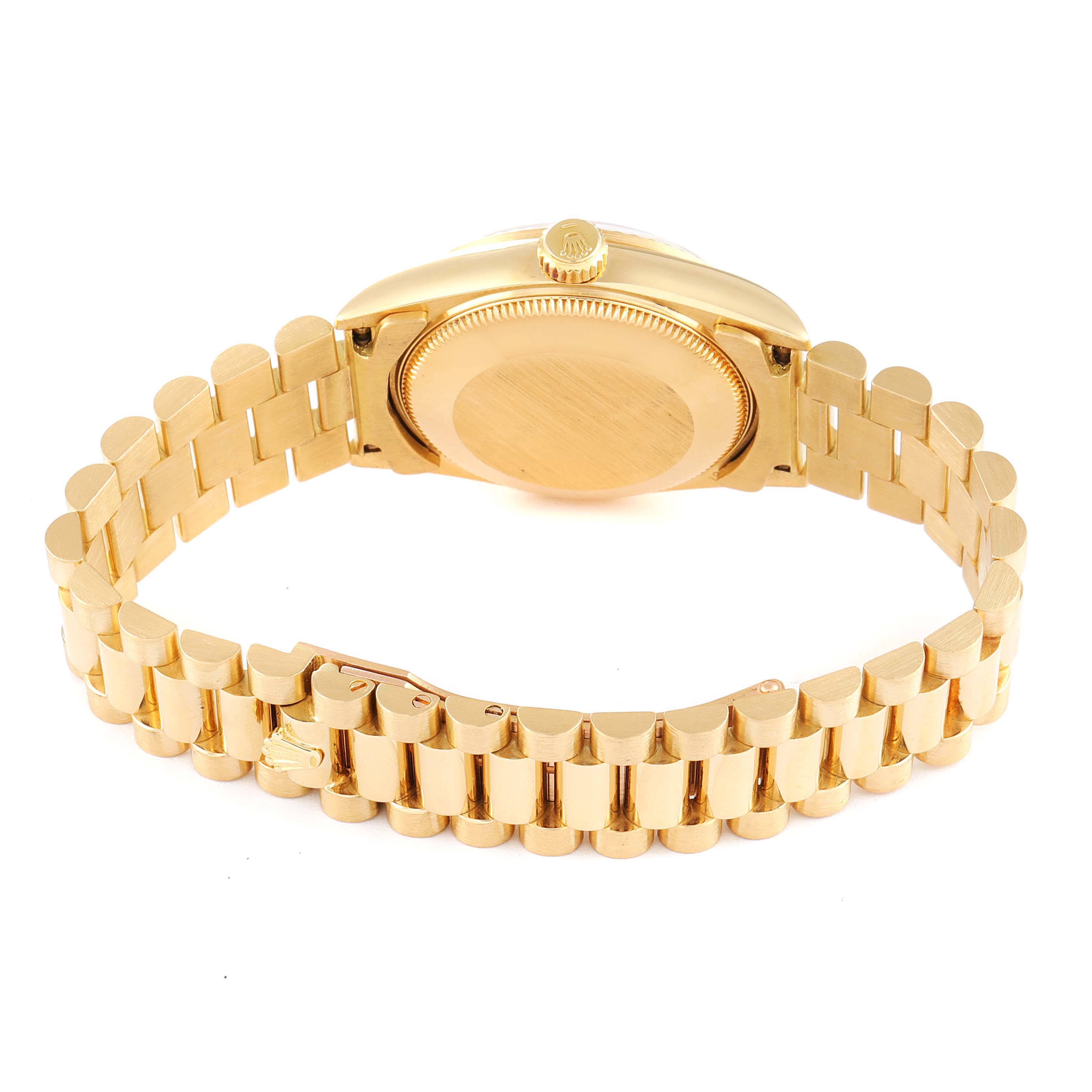 This image shows the back and bracelet of a Rolex President 68278 Women's Yellow Gold Champagne Dial 68278 Women's Yellow Gold Champagne Dial model watch at a slight diagonal angle.