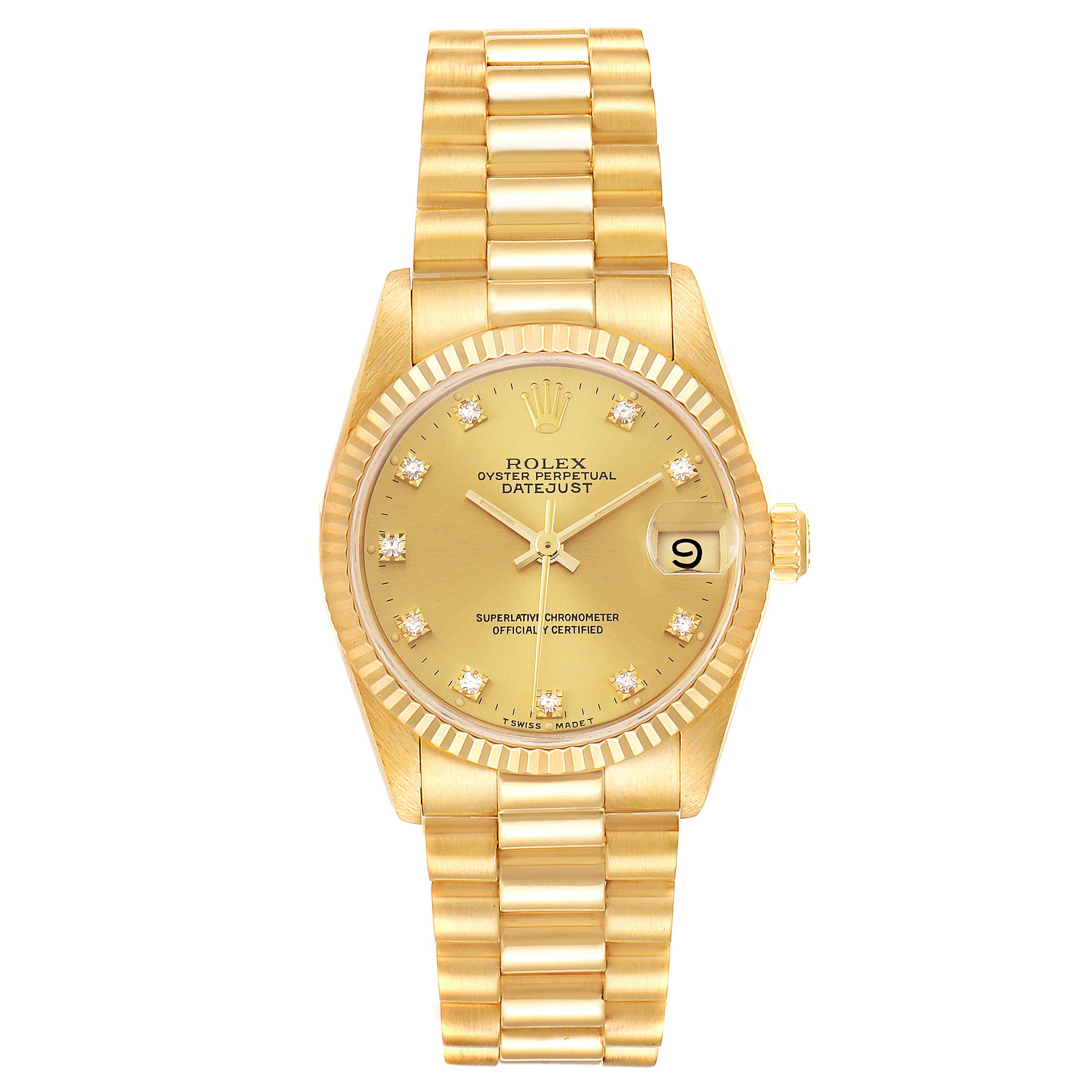 The Rolex President 68278 Women's Yellow Gold Champagne Dial 68278 Women's Yellow Gold Champagne Dial model watch is shown from a frontal angle, highlighting the gold dial, band, and fluted bezel.