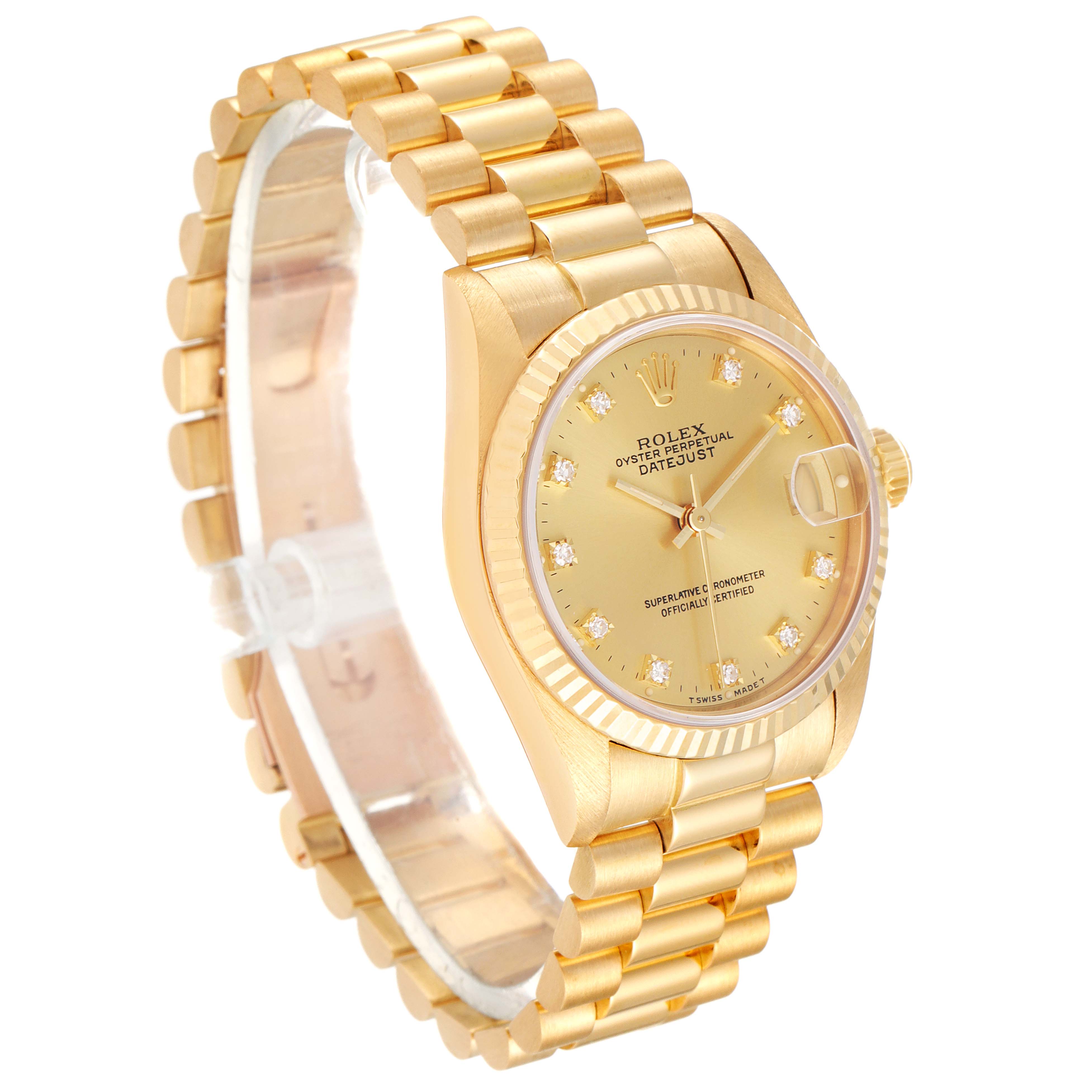 The image shows a Rolex President 68278 Women's Yellow Gold Champagne Dial 68278 Women's Yellow Gold Champagne Dial model watch at a three-quarter angle, highlighting the face, bracelet, and crown.