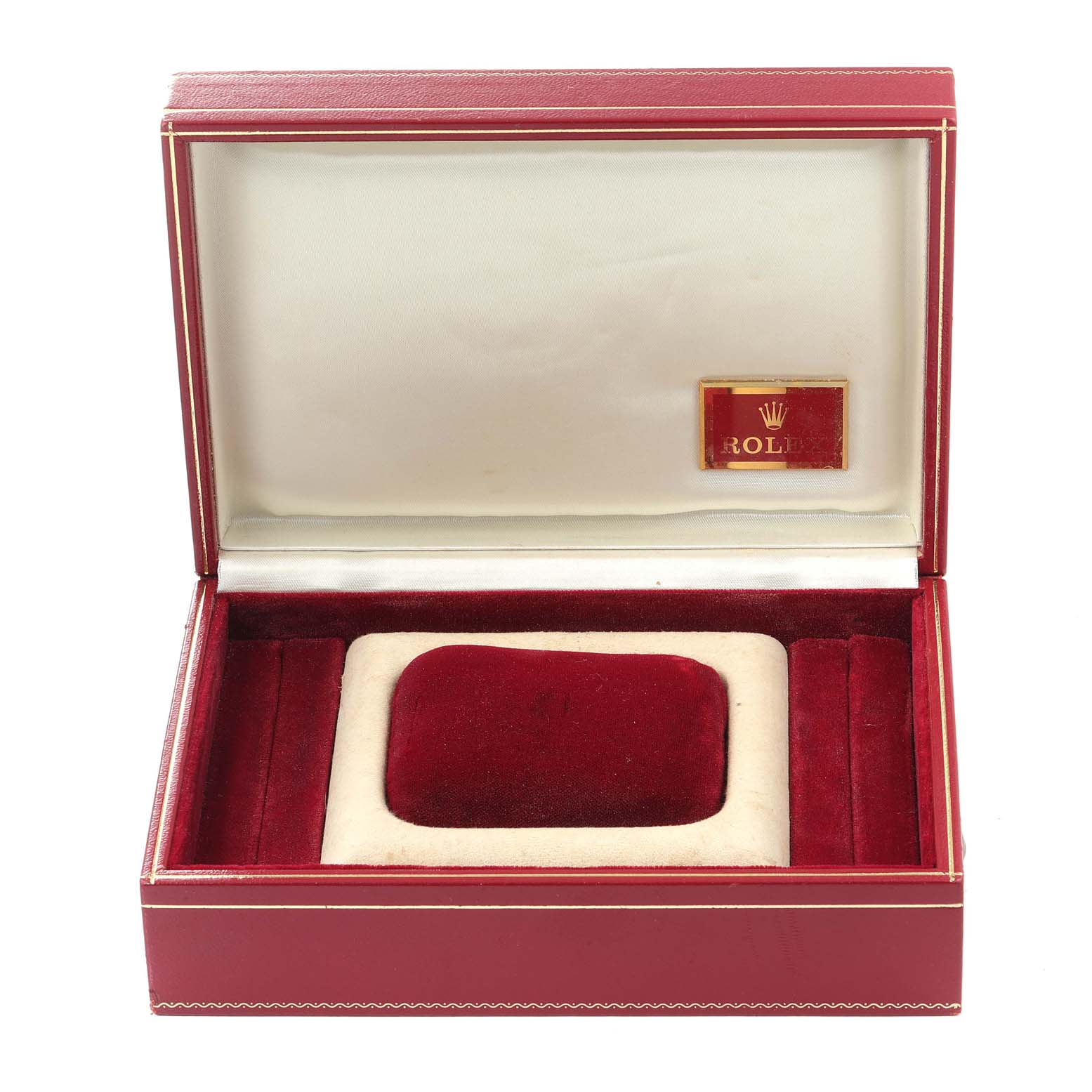 The image shows an open, empty Rolex President 68278 Women's Yellow Gold Champagne Dial 68278 Women's Yellow Gold Champagne Dial watch box with a red and white velvet interior.