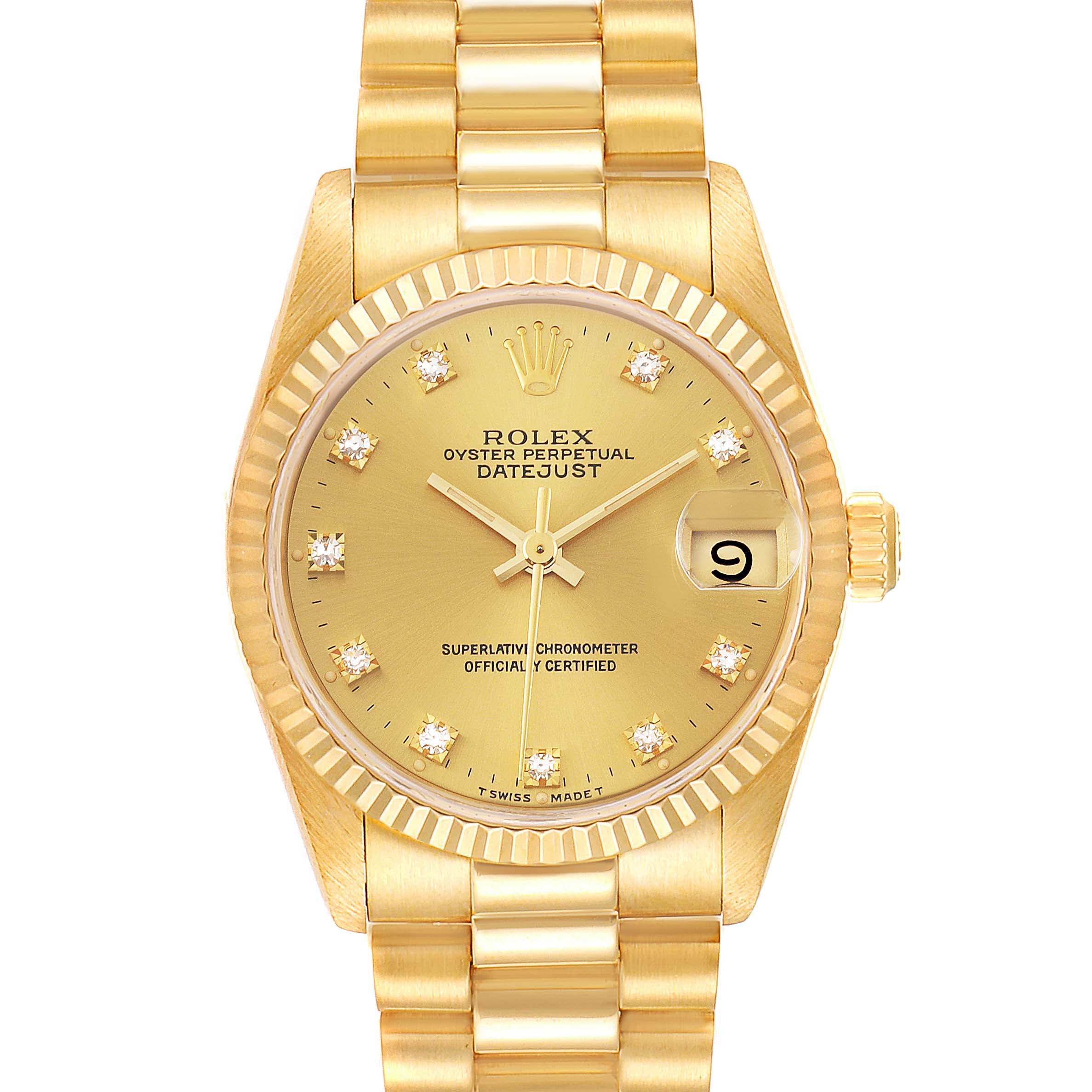 Rolex President Datejust 31 Midsize Yellow Gold Diamond Ladies Watch ...