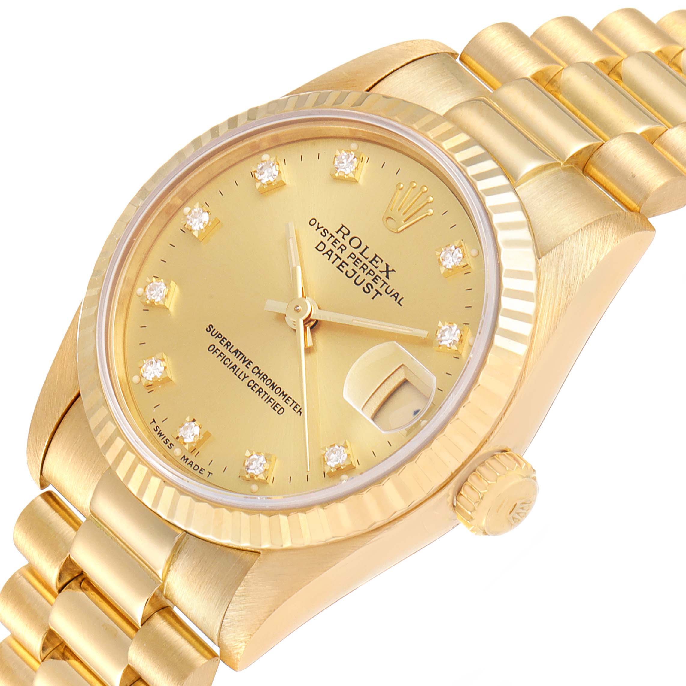 The image shows a Rolex President 68278 Women's Yellow Gold Champagne Dial 68278 Women's Yellow Gold Champagne Dial model watch from a front angle, highlighting its gold dial, bezel, crown, and bracelet.
