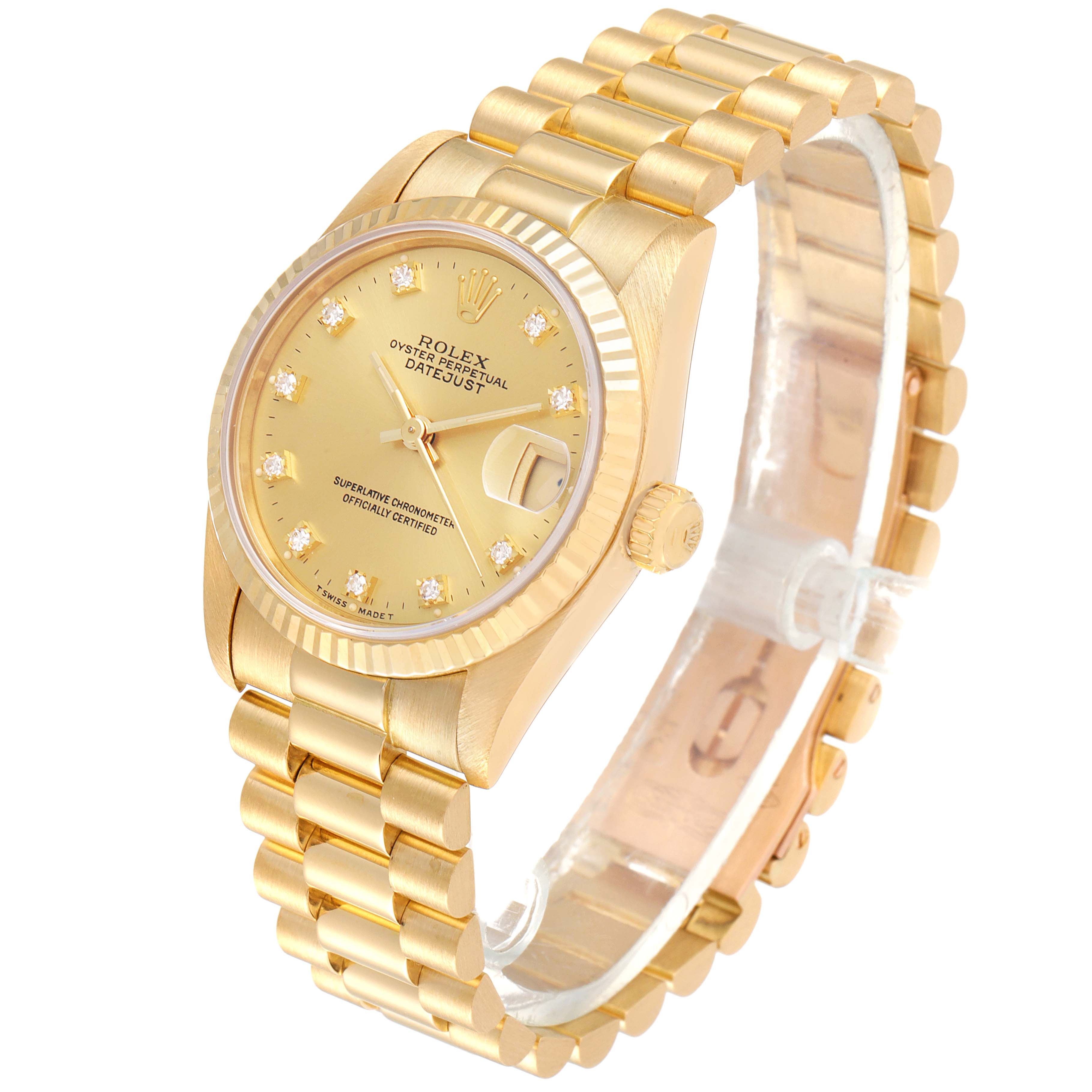 This image shows the Rolex President 68278 Women's Yellow Gold Champagne Dial 68278 Women's Yellow Gold Champagne Dial model watch at a slight angle, highlighting its gold bracelet, bezel, dial, and date window.