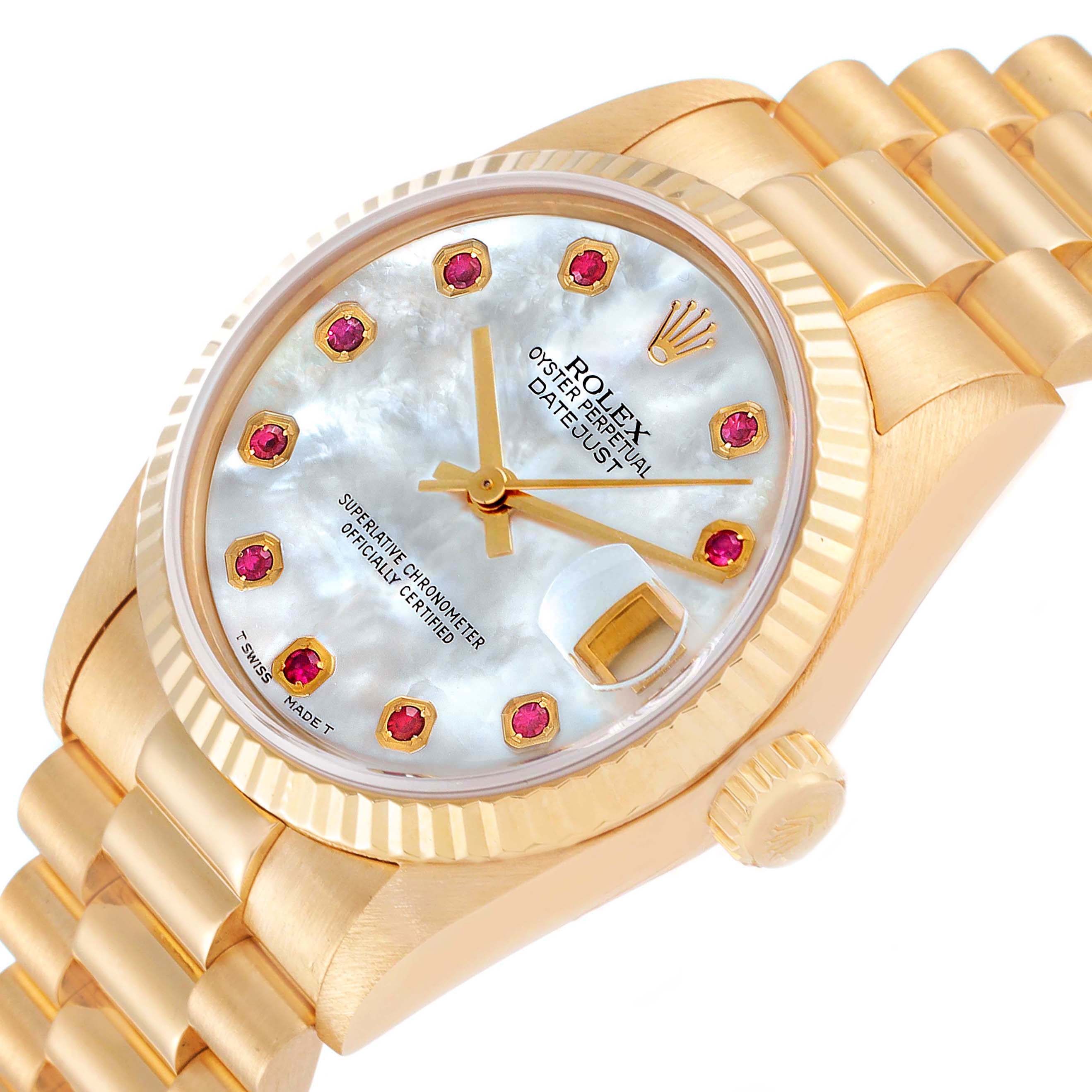 The image shows a close-up of the Rolex President 68278 Women's Yellow Gold Mother of Pearl Dial 68278 Women's Yellow Gold Mother of Pearl Dial model watch displaying its face, dial, crown, and part of the bracelet.
