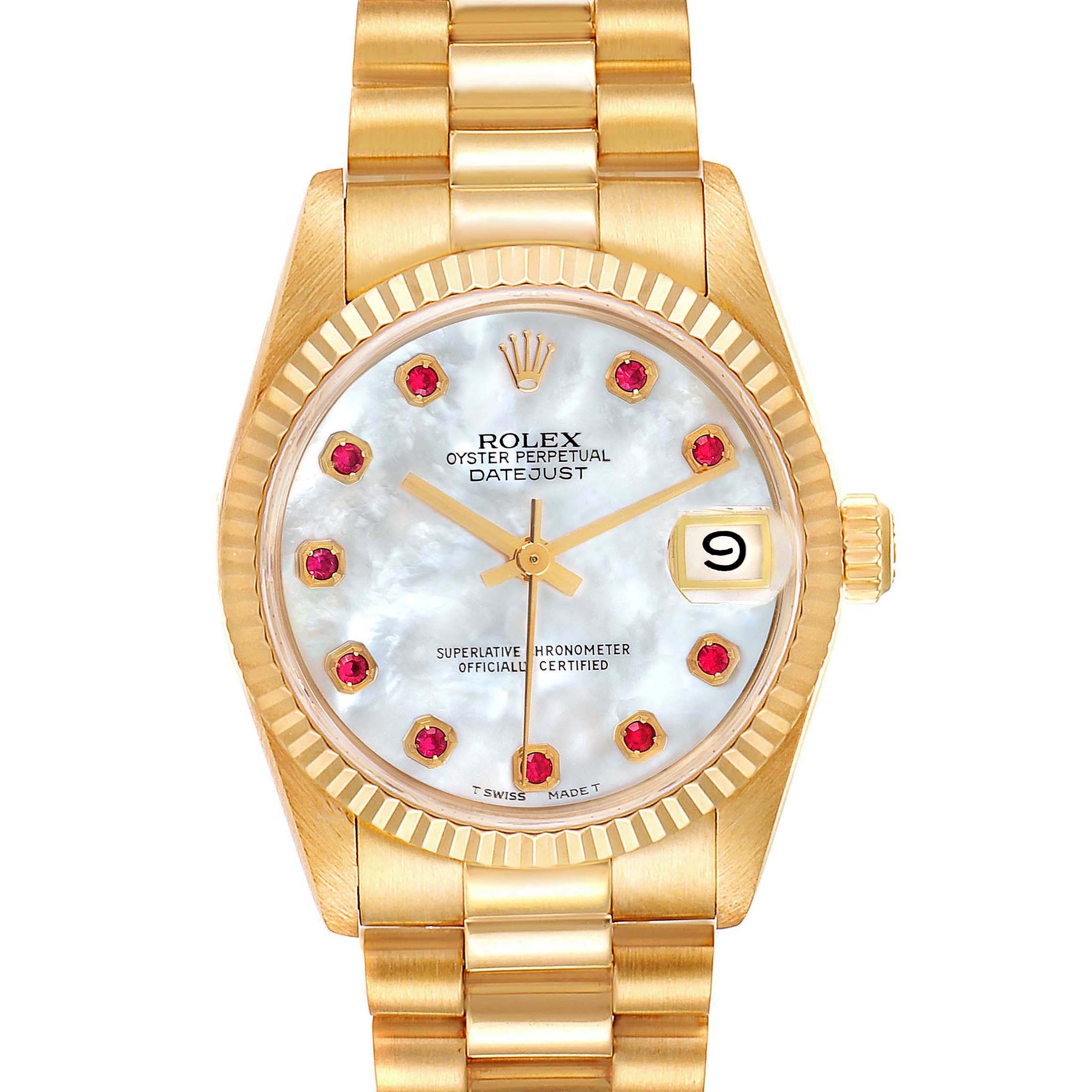 The image shows a front view of a Rolex President 68278 Women's Yellow Gold Mother of Pearl Dial 68278 Women's Yellow Gold Mother of Pearl Dial model watch, highlighting its dial, fluted bezel, and President bracelet.