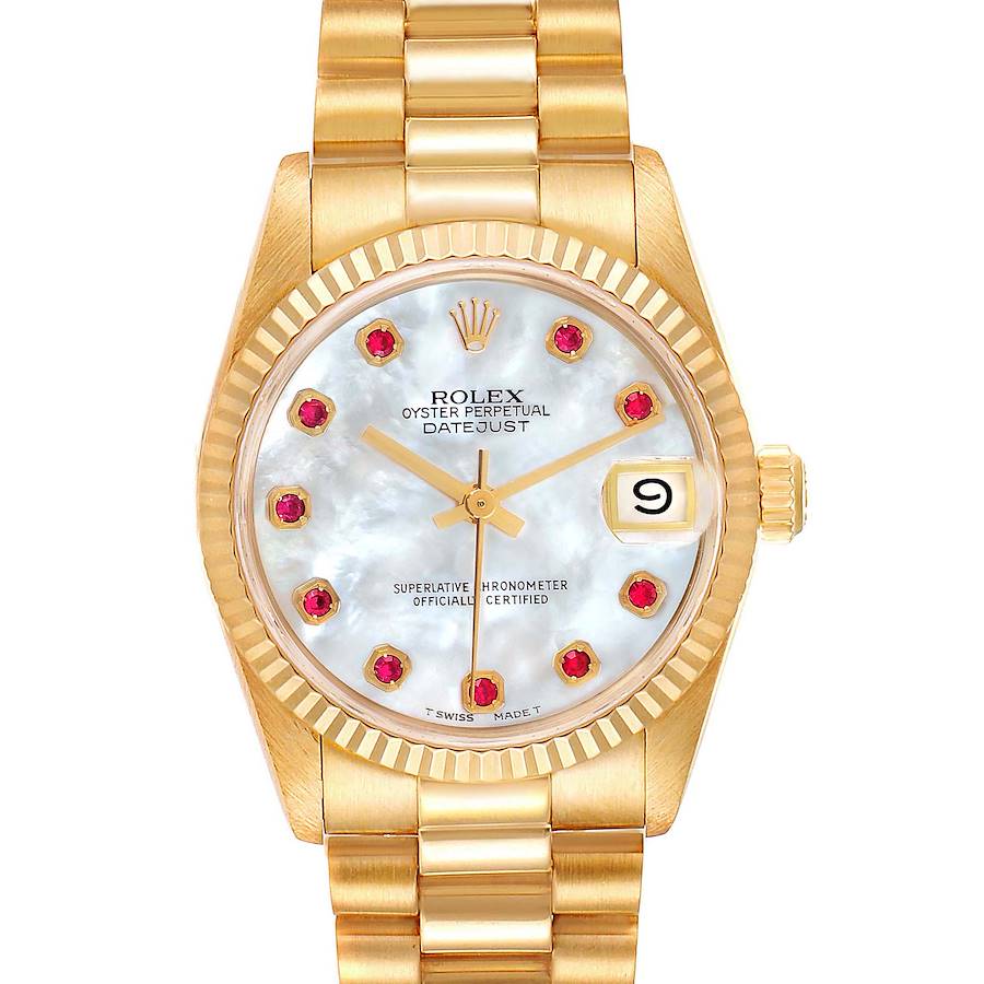 Rolex President Datejust 31 Midsize Yellow Gold Mother of Pearl Ruby Ladies Watch 68278 SwissWatchExpo