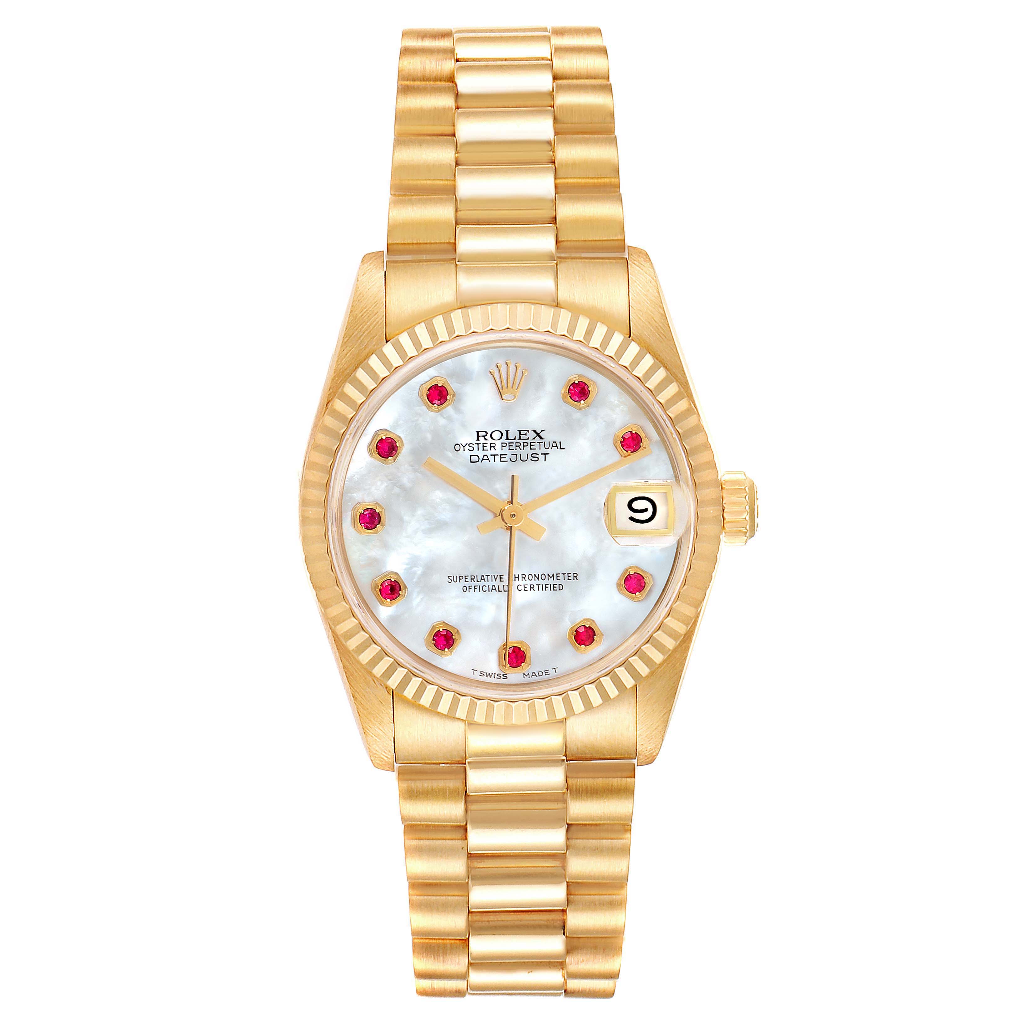This image shows a Rolex President 68278 Women's Yellow Gold Mother of Pearl Dial 68278 Women's Yellow Gold Mother of Pearl Dial watch model from a front view, highlighting the dial, bezel, bracelet, and crown.
