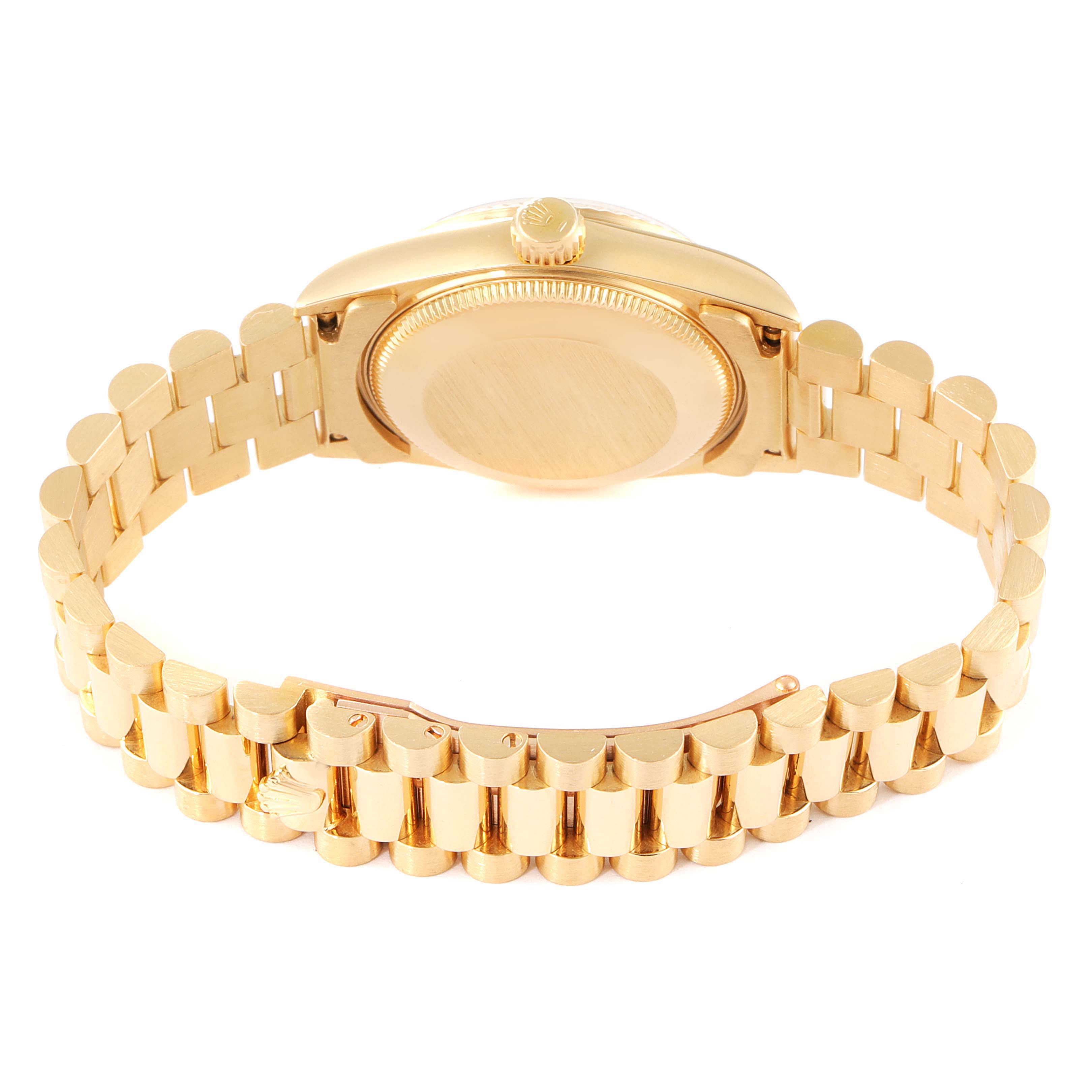 This image shows the back and band of the Rolex President 68278 Women's Yellow Gold Mother of Pearl Dial 68278 Women's Yellow Gold Mother of Pearl Dial model watch from an overhead angle.