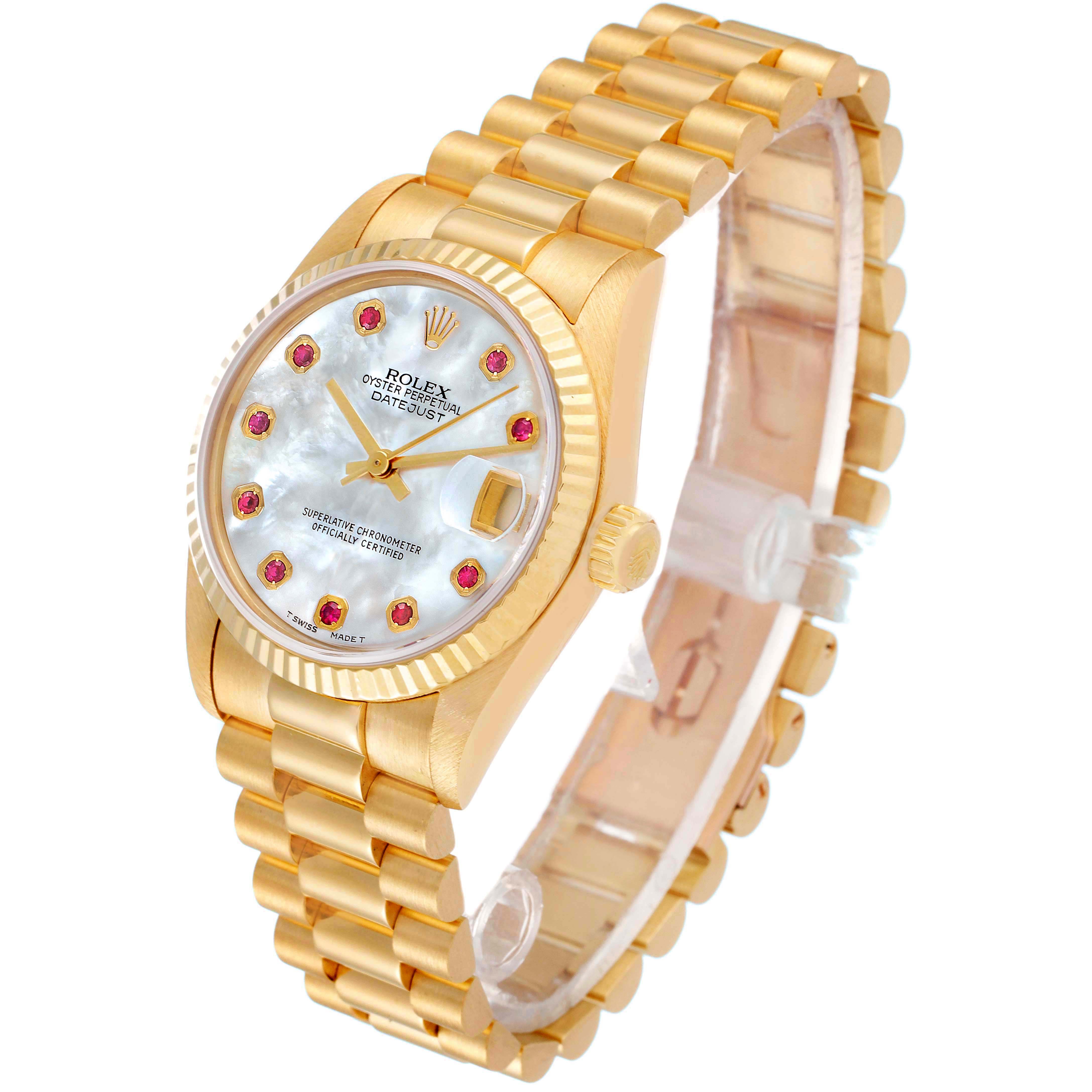 The image shows a Rolex President 68278 Women's Yellow Gold Mother of Pearl Dial 68278 Women's Yellow Gold Mother of Pearl Dial model watch at an angled view, highlighting the gold bracelet, face, and crown.