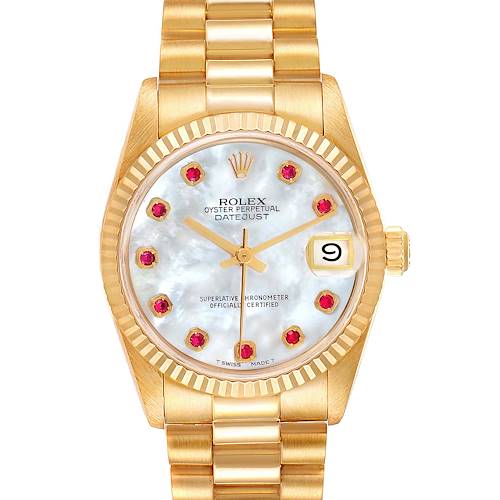 Photo of Rolex President Datejust 31 Midsize Yellow Gold MOP Ruby Ladies Watch 68278