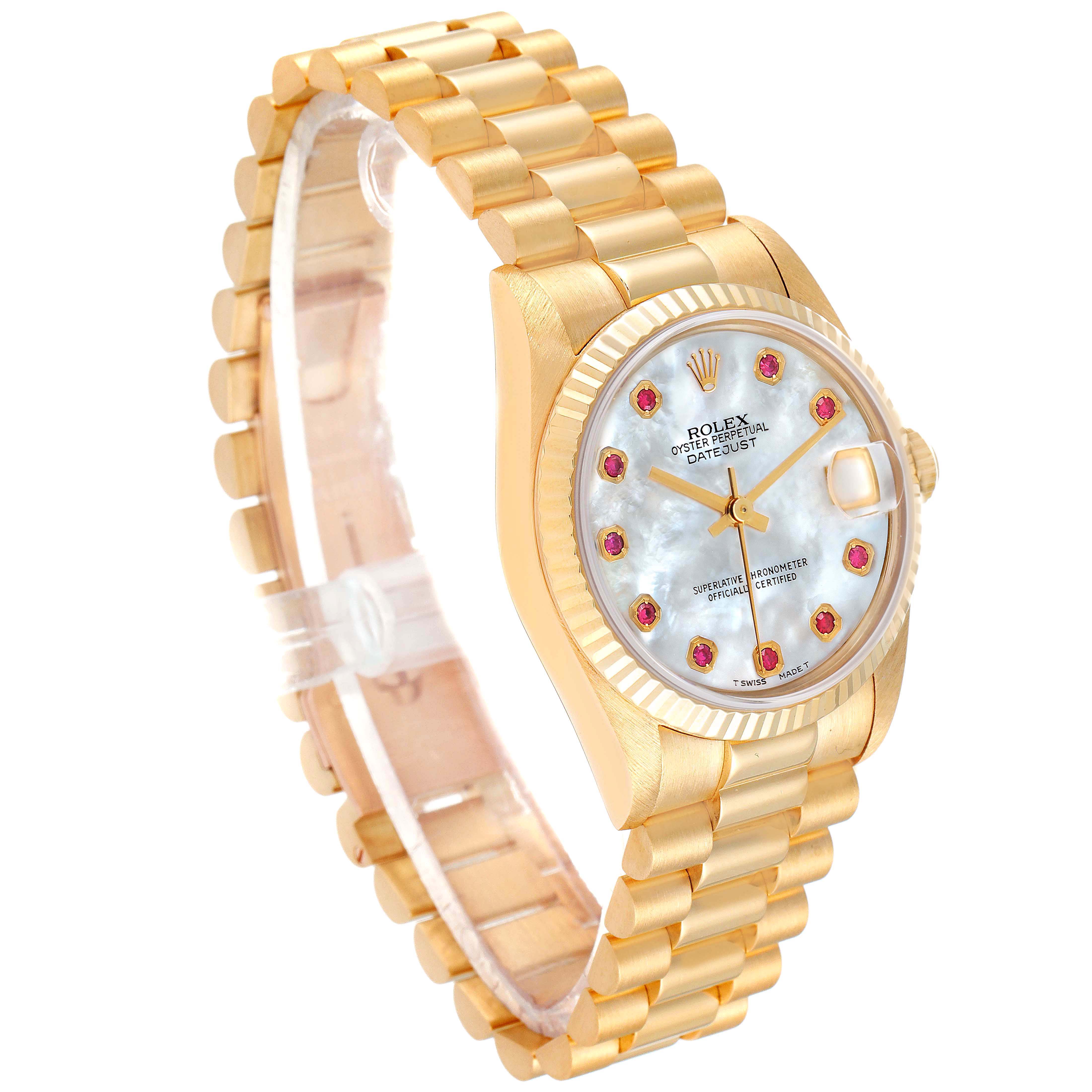 The image shows a Rolex President 68278 Women's Yellow Gold Mother of Pearl Dial 68278 Women's Yellow Gold Mother of Pearl Dial model watch from an angled side view, highlighting its gold case, dial, and bracelet.
