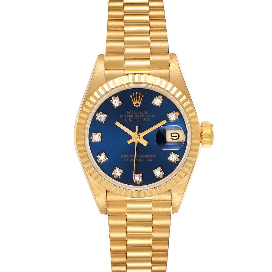 Rolex President Datejust Yellow Gold Blue Diamond Dial Ladies Watch 69178 ADD 1 LINK SwissWatchExpo