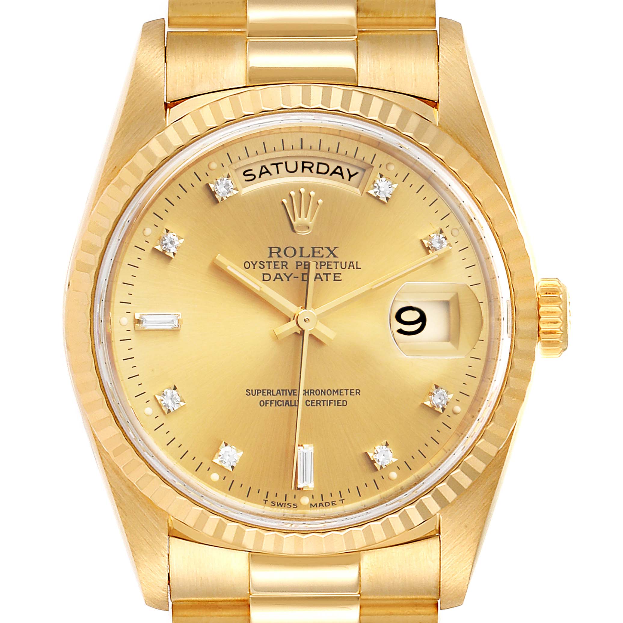 The image shows a close-up view of the Rolex President 18238 Men's Yellow Gold Champagne Dial 18238 Men's Yellow Gold Champagne Dial Day-Date watch, featuring its gold dial, fluted bezel, day and date windows, and diamond hour markers.