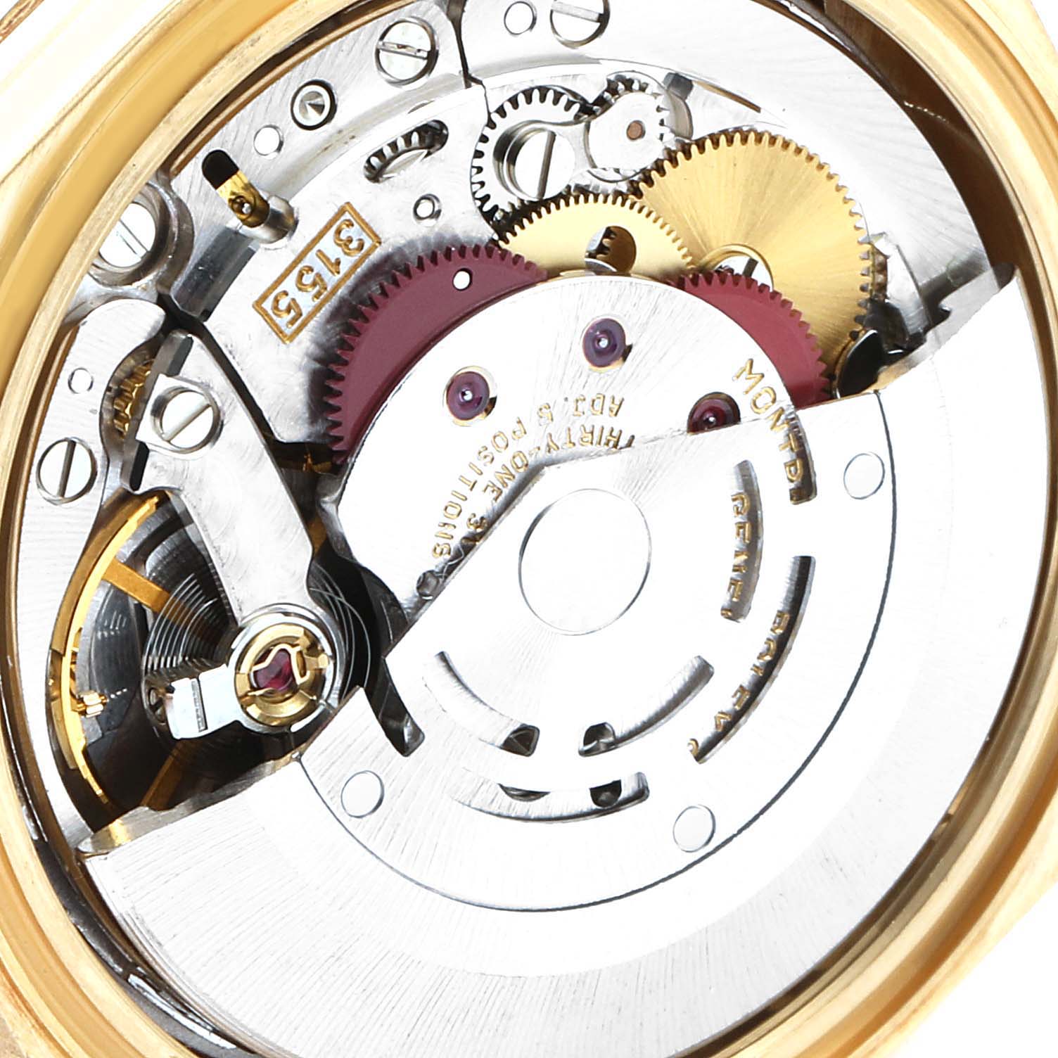 This is a close-up view of the internal mechanism of the Rolex President 18238 Men's Yellow Gold Champagne Dial 18238 Men's Yellow Gold Champagne Dial model watch, showing gears and components.