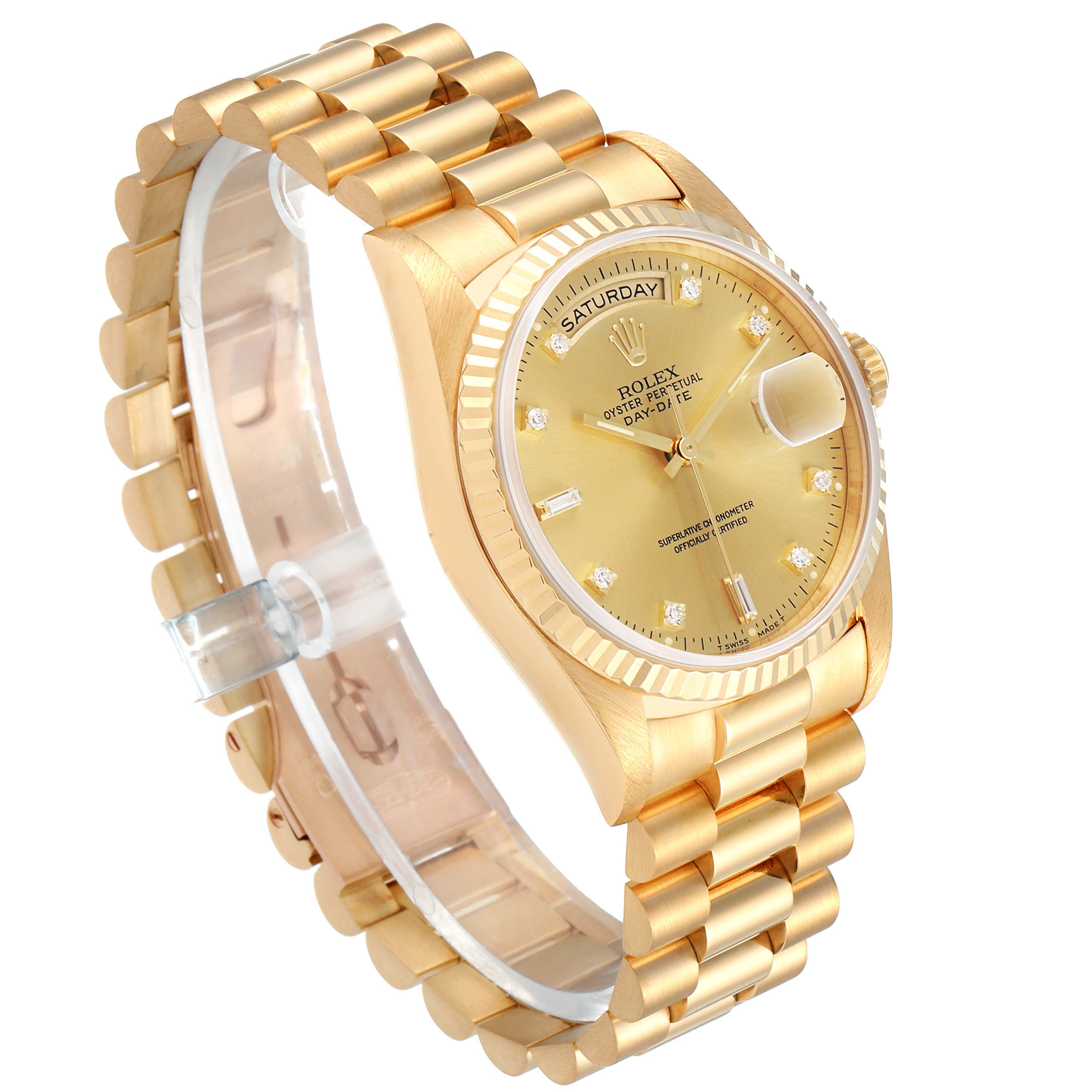 The image shows a gold Rolex President 18238 Men's Yellow Gold Champagne Dial 18238 Men's Yellow Gold Champagne Dial model watch at a three-quarter angle, highlighting the face, bracelet, and fluted bezel.