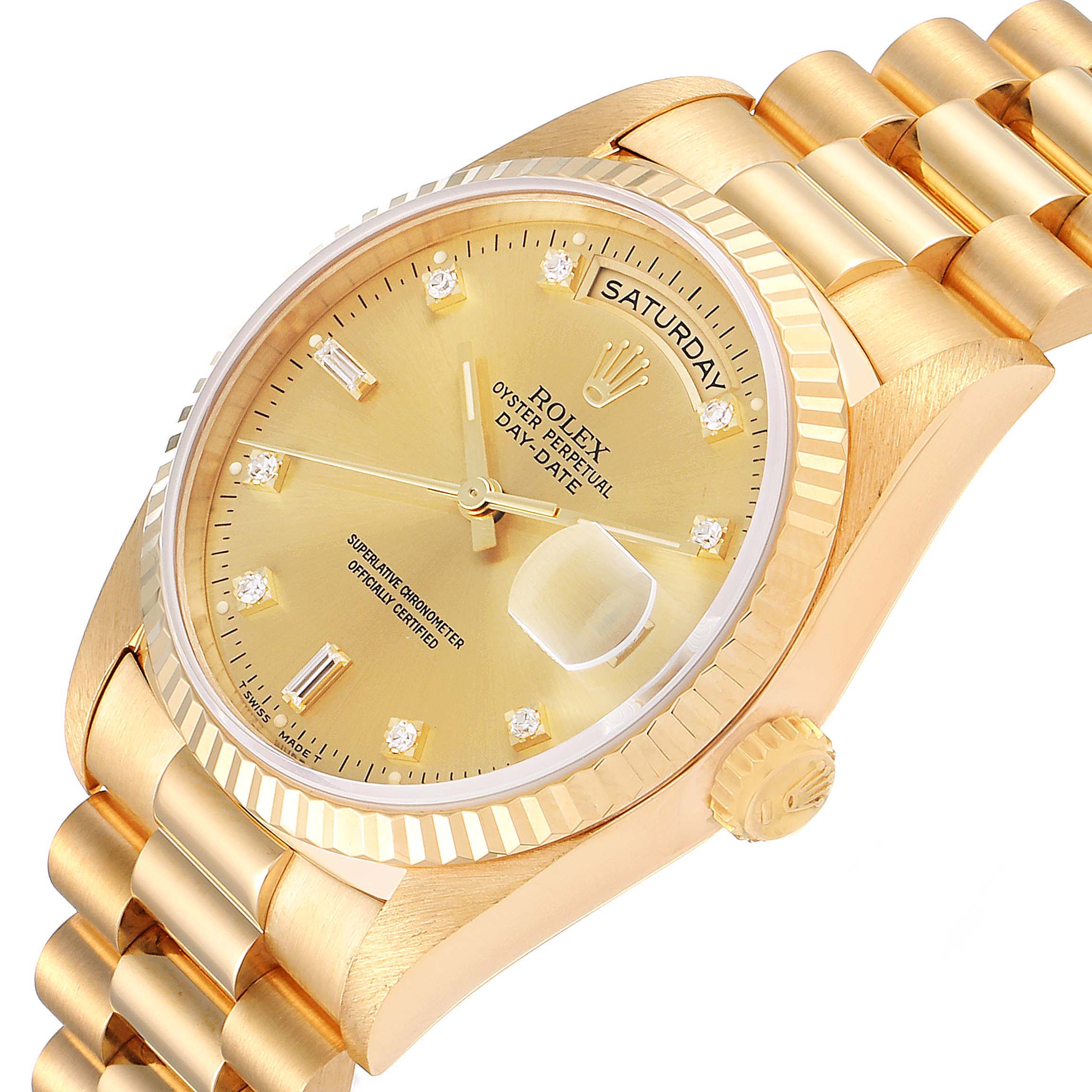This image shows a close-up angled view of the Rolex President 18238 Men's Yellow Gold Champagne Dial 18238 Men's Yellow Gold Champagne Dial model watch, highlighting its gold bracelet and dial.