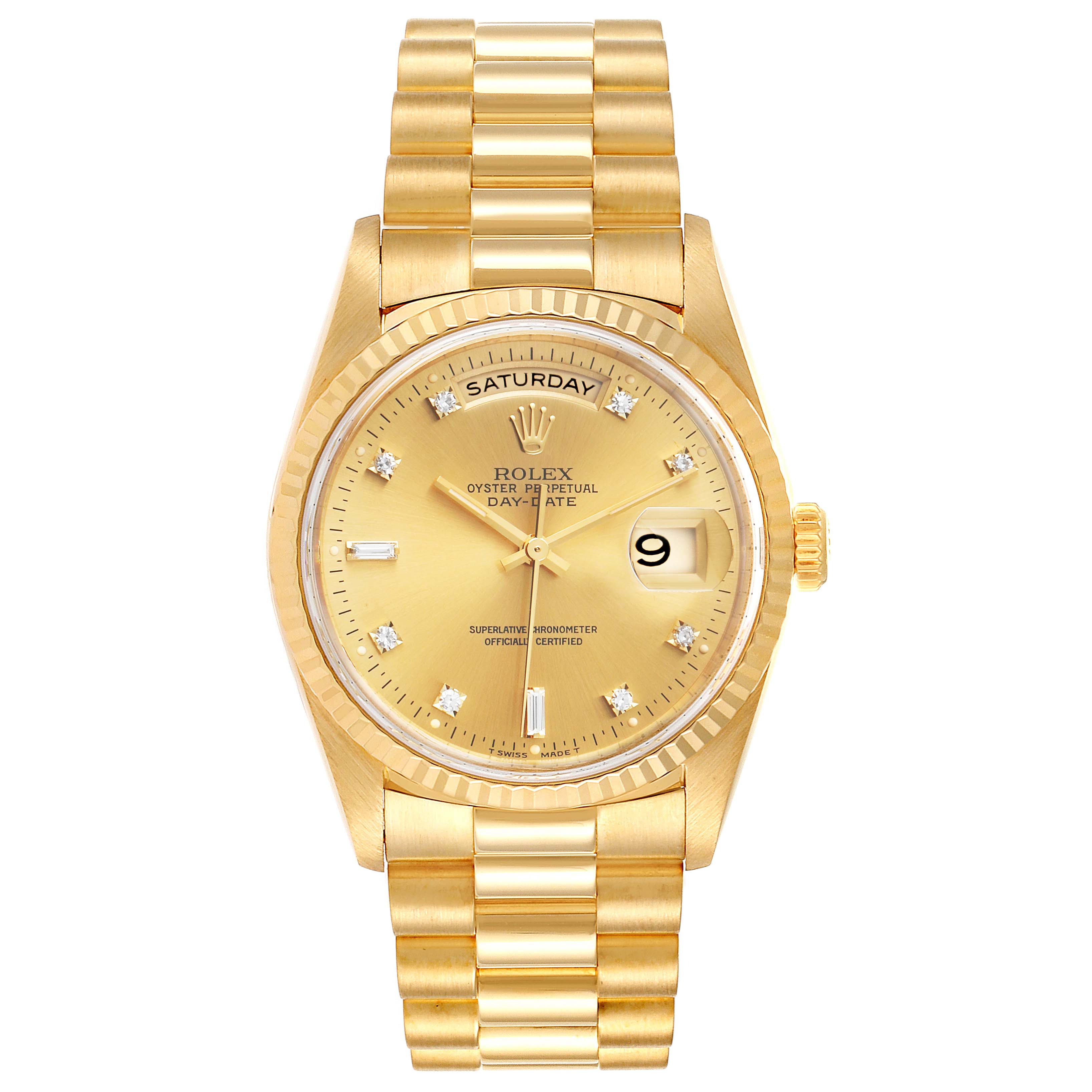 The image shows a front view of the Rolex President 18238 Men's Yellow Gold Champagne Dial 18238 Men's Yellow Gold Champagne Dial model watch, displaying the dial, bezel, bracelet, and crown.