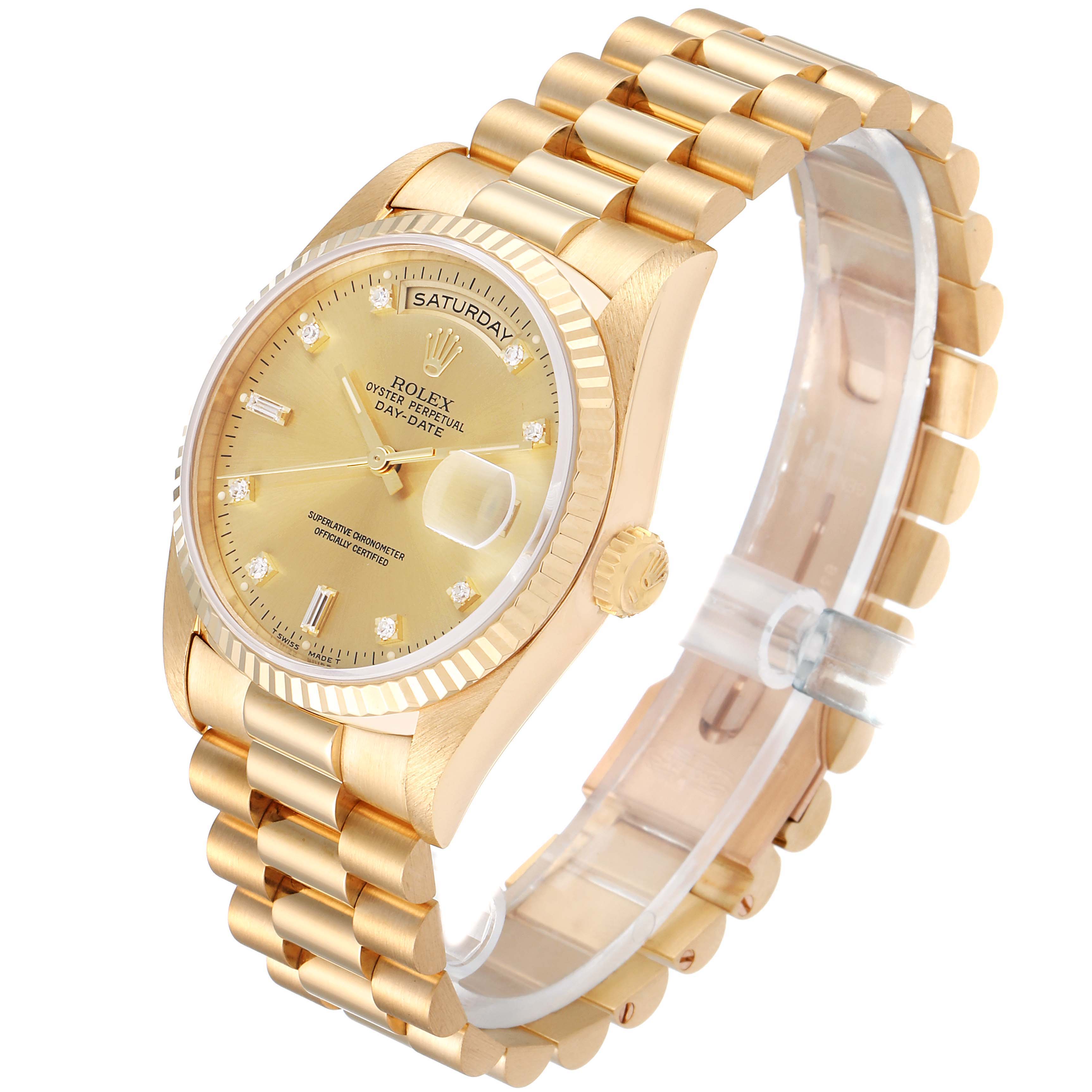 The image shows a Rolex President 18238 Men's Yellow Gold Champagne Dial 18238 Men's Yellow Gold Champagne Dial model watch from a three-quarter angle, highlighting the gold band, bezel, and watch face.