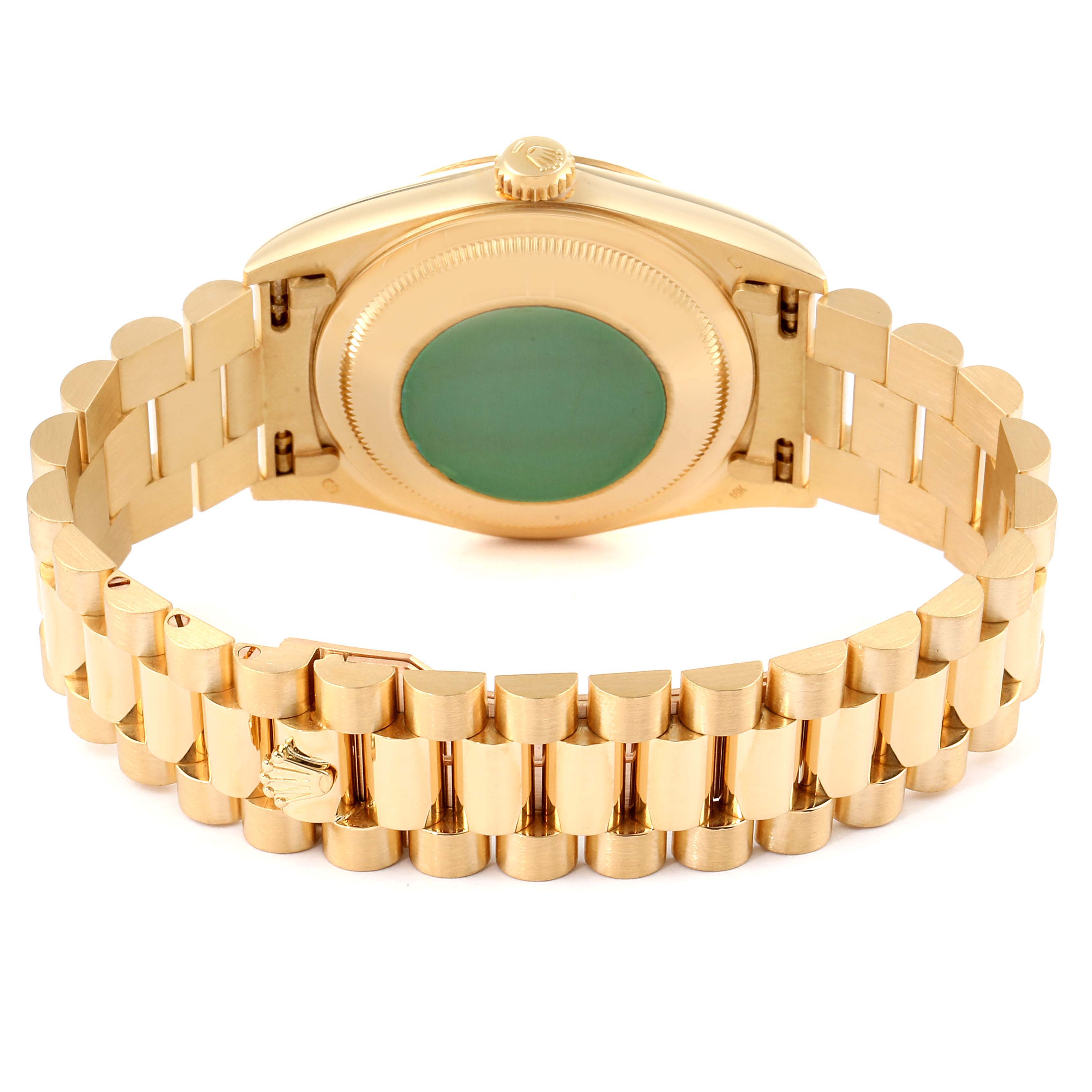 The image shows the back view of a Rolex President 18238 Men's Yellow Gold Champagne Dial 18238 Men's Yellow Gold Champagne Dial model watch, highlighting its gold case and bracelet.