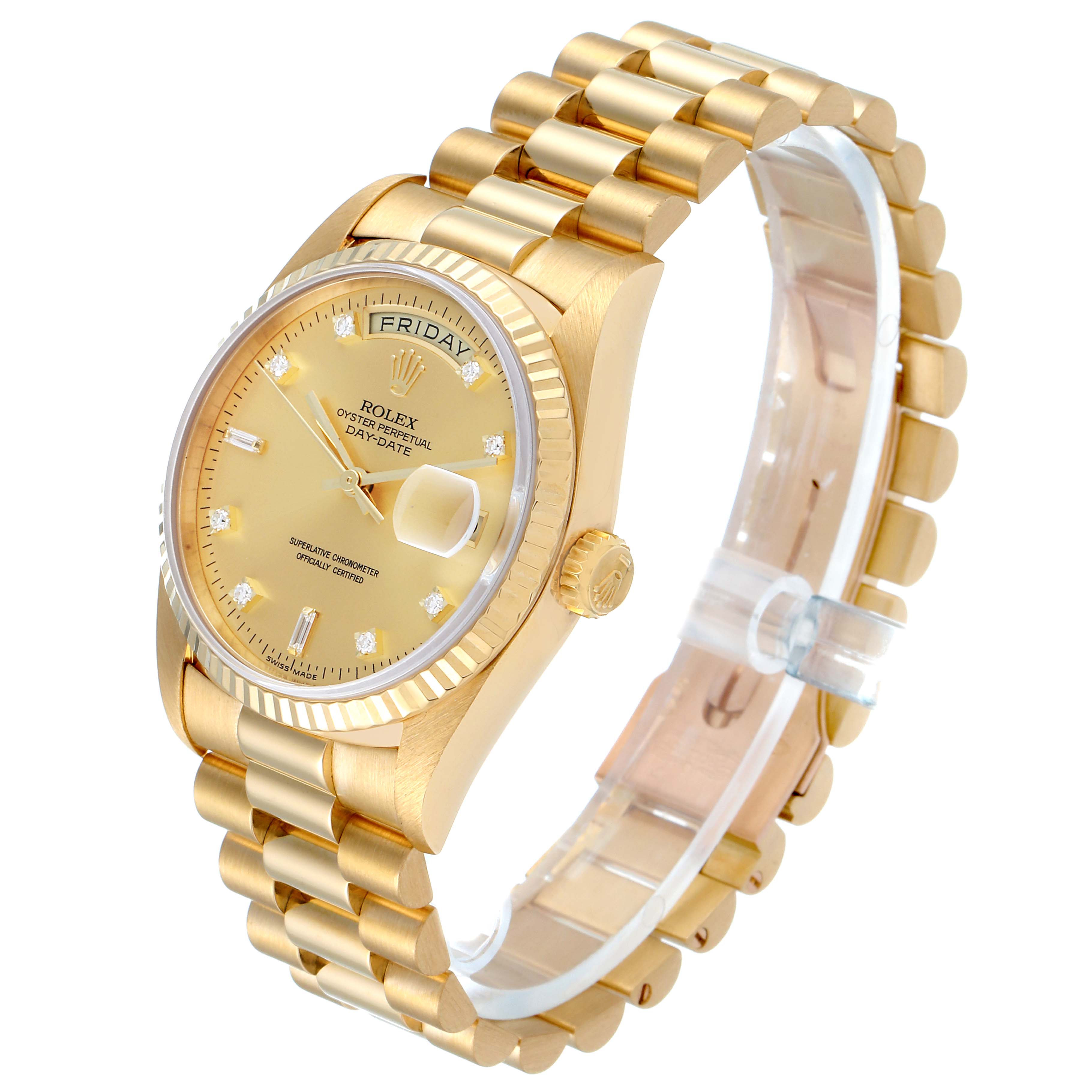 The image shows a gold Rolex President 18238 Men
s Yellow Gold Champagne Dial 18238 Men
s Yellow Gold Champagne Dial model watch from a three-quarter angle, displaying its face, bracelet, and crown.
