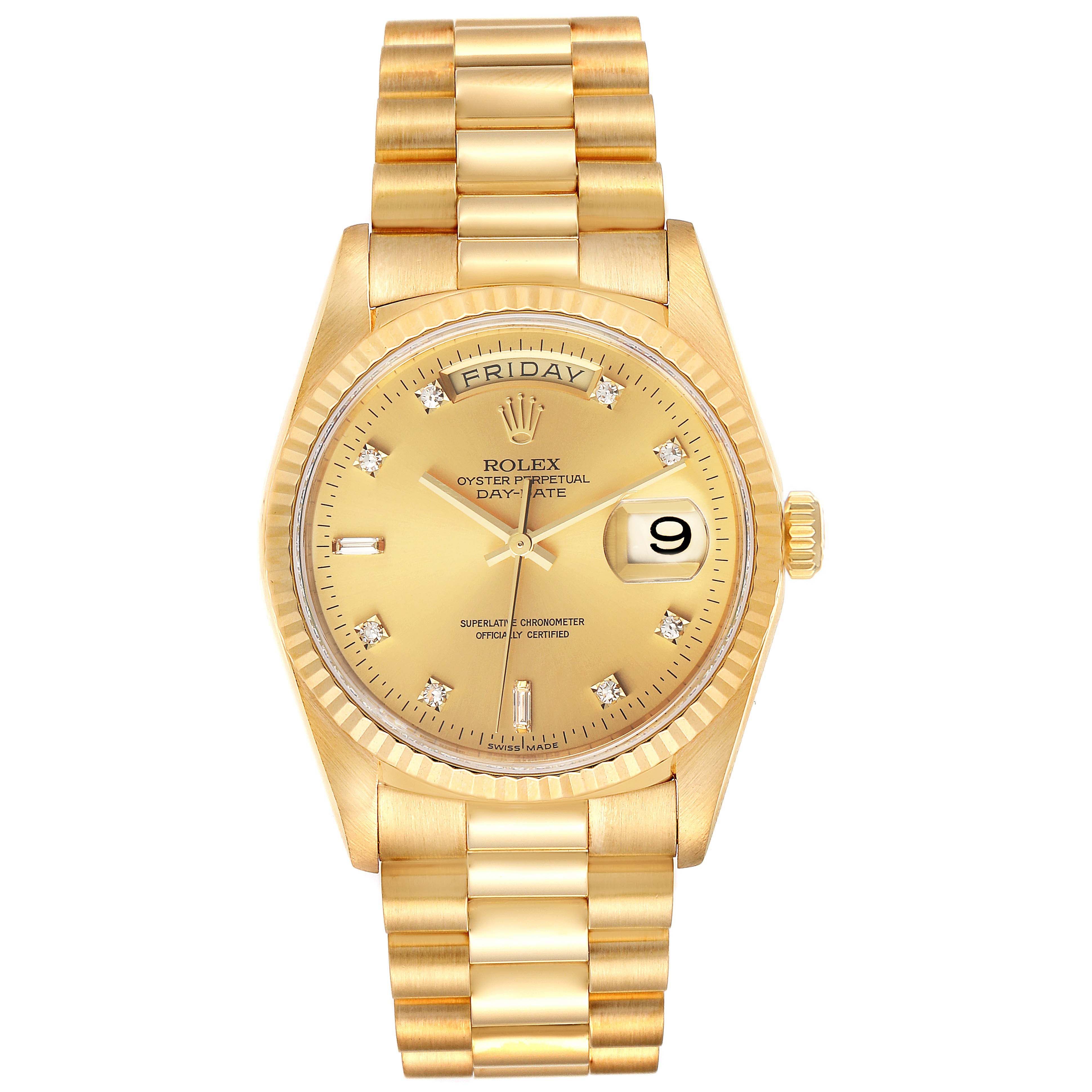 The image shows a Rolex President 18238 Men
s Yellow Gold Champagne Dial 18238 Men
s Yellow Gold Champagne Dial model watch from the front angle, featuring a gold bracelet, dial, day-date display, and diamond hour markers.