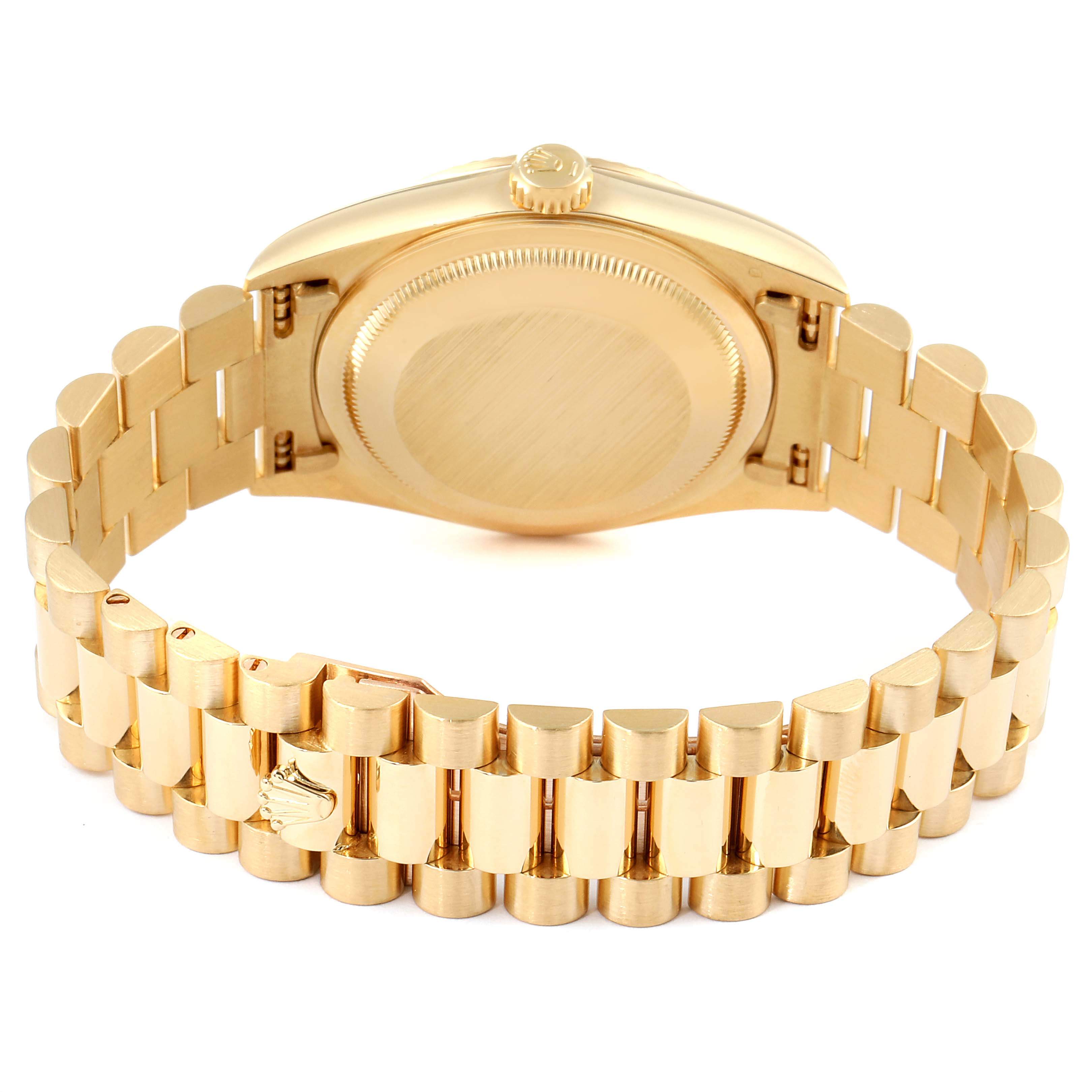 The image shows the Rolex President 18238 Men
s Yellow Gold Champagne Dial 18238 Men
s Yellow Gold Champagne Dial model watch from the back, highlighting the bracelet and case back.