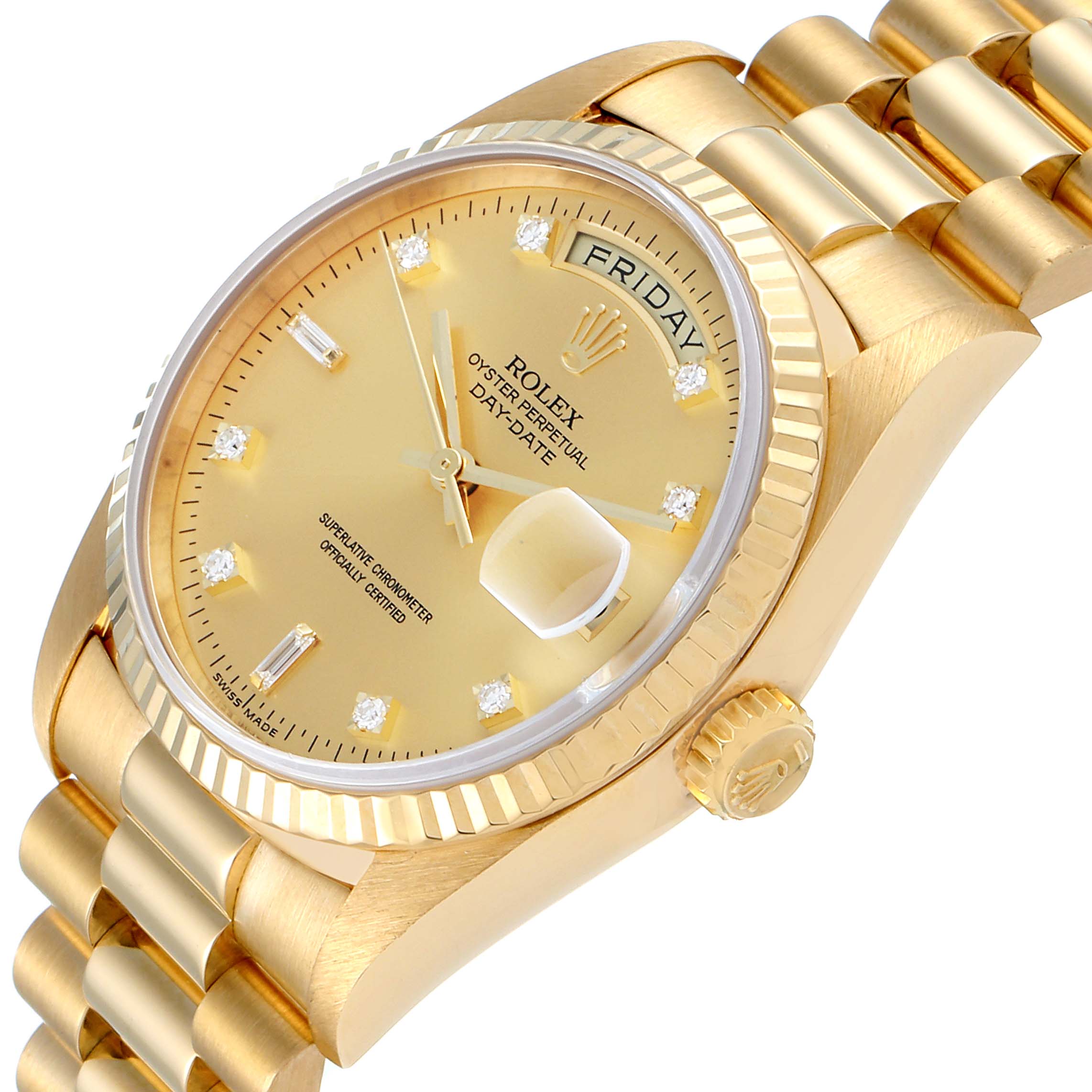 The image shows a close-up of the Rolex President 18238 Men
s Yellow Gold Champagne Dial 18238 Men
s Yellow Gold Champagne Dial model watch, highlighting its gold dial, bracelet, and day-date feature.