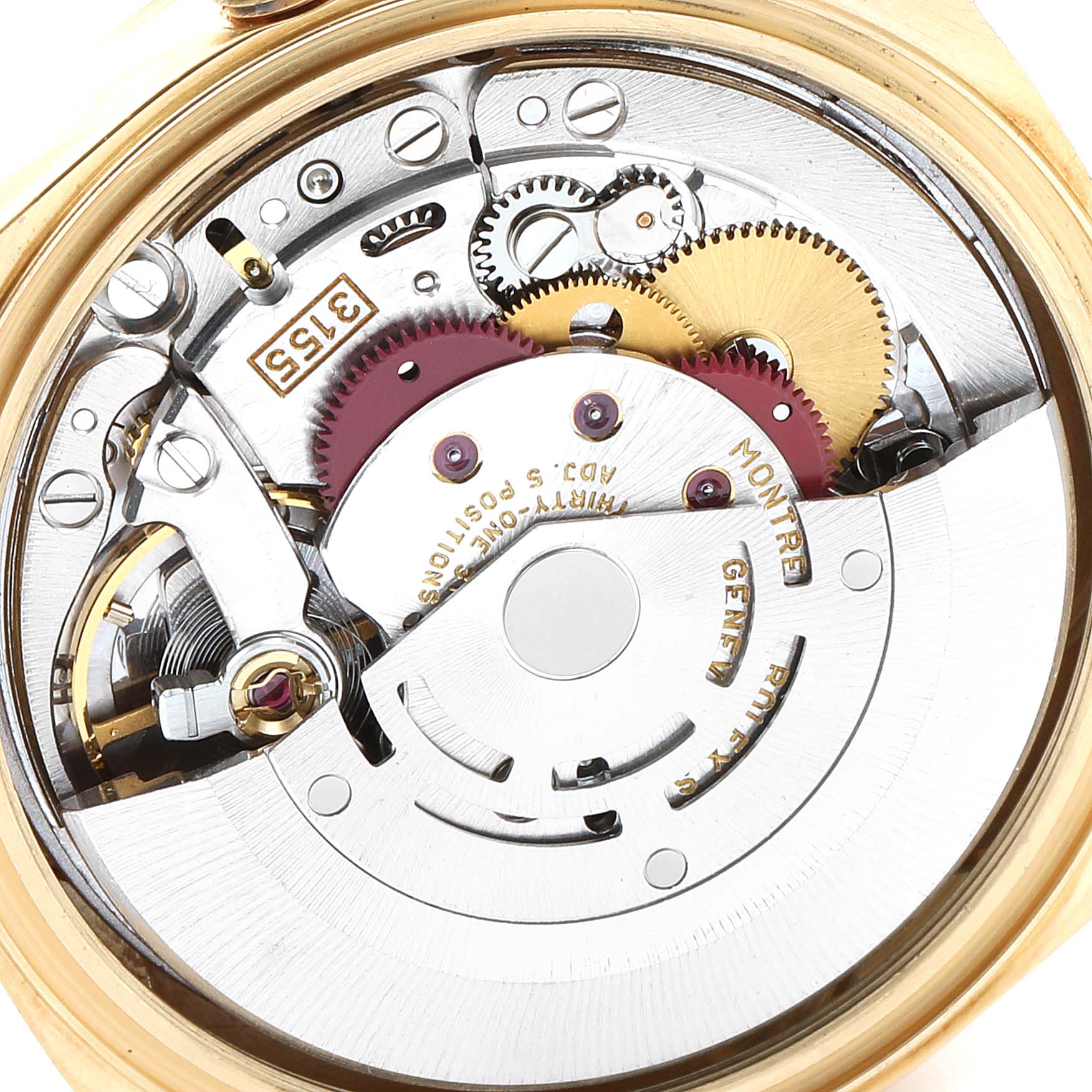 This image shows the movement components of a Rolex President 18238 Men
s Yellow Gold Champagne Dial 18238 Men
s Yellow Gold Champagne Dial model watch from a top-down angle.