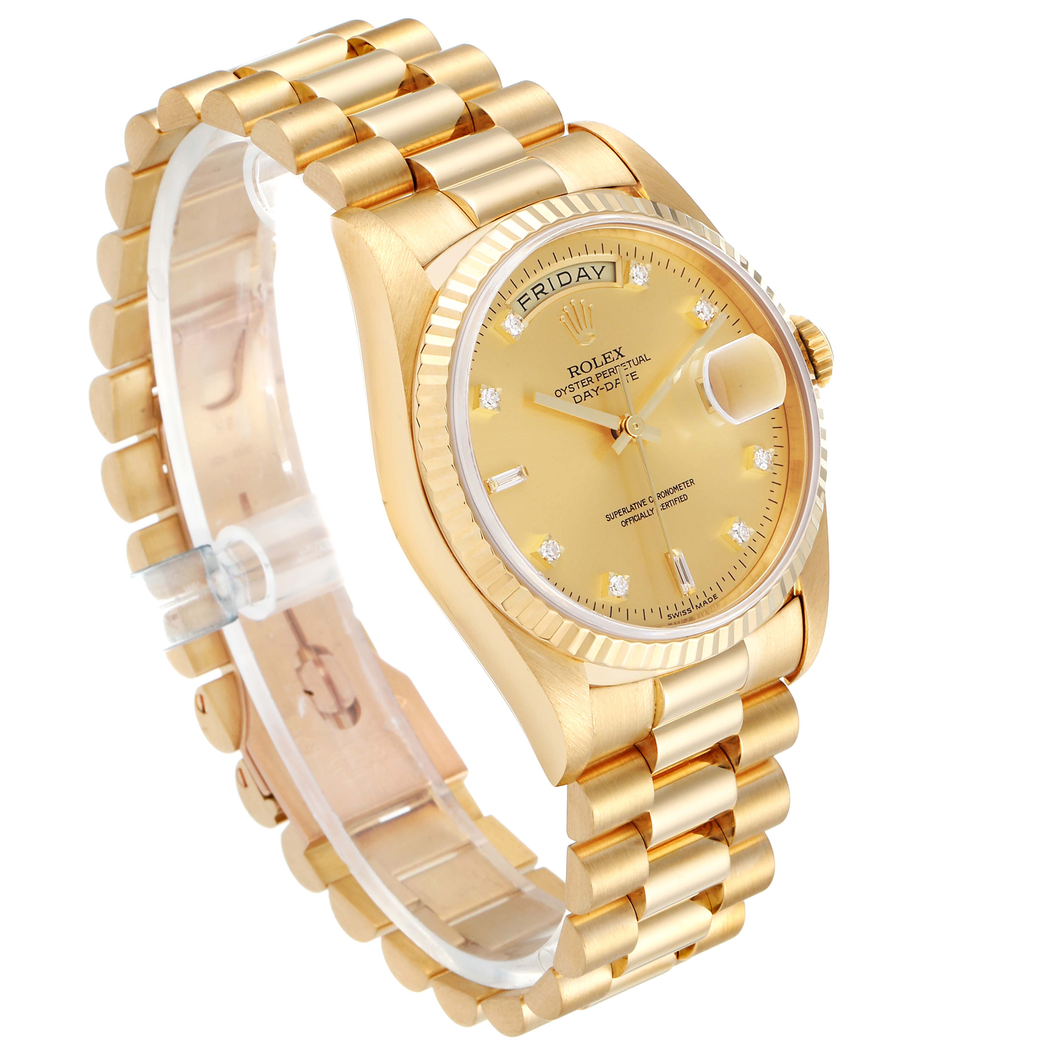 The Rolex President 18238 Men
s Yellow Gold Champagne Dial 18238 Men
s Yellow Gold Champagne Dial model watch is shown at a three-quarter angle, highlighting its gold bracelet, dial, and fluted bezel.