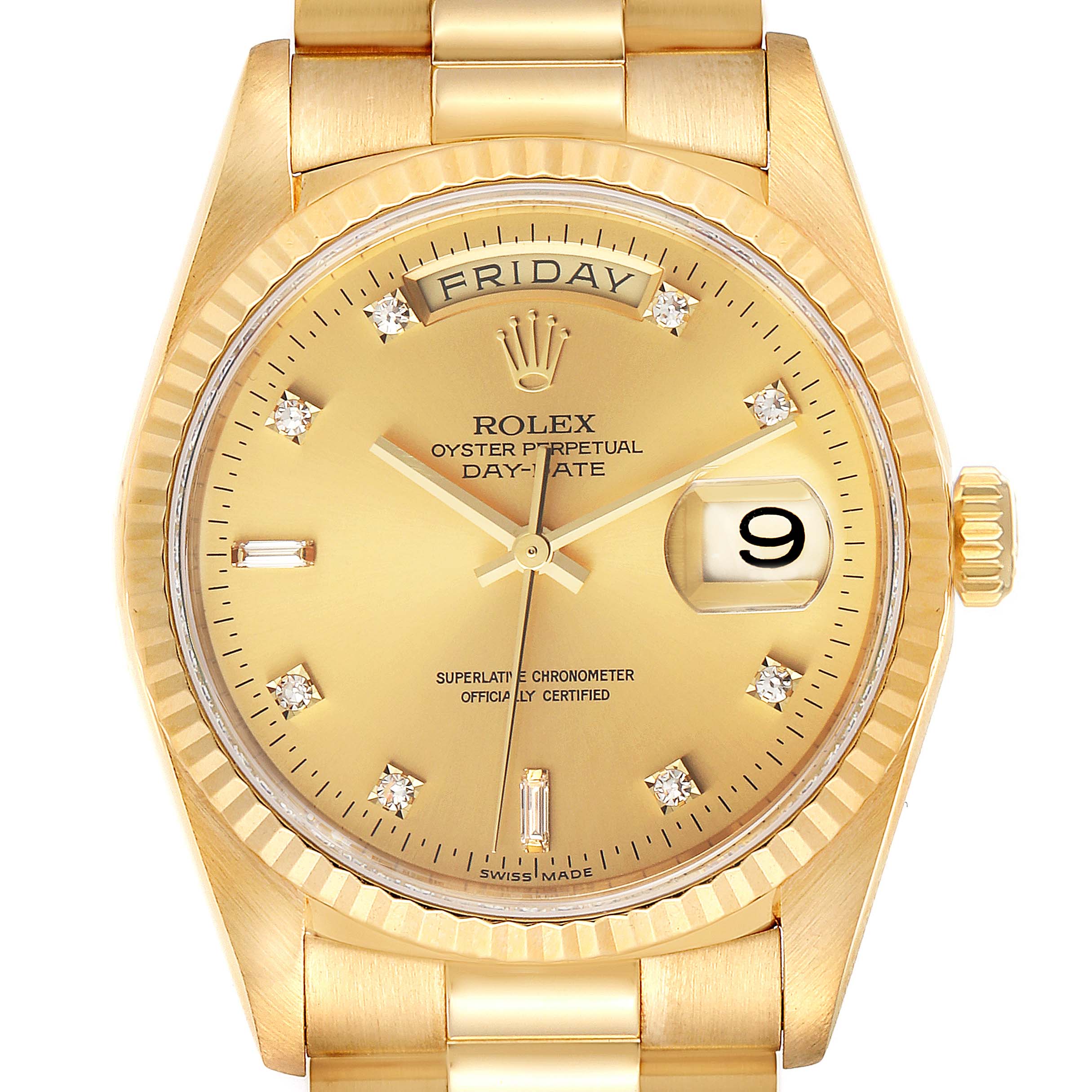 The image shows a close-up, frontal view of the dial and part of the bracelet of the Rolex President 18238 Men
s Yellow Gold Champagne Dial 18238 Men
s Yellow Gold Champagne Dial Day-Date watch.