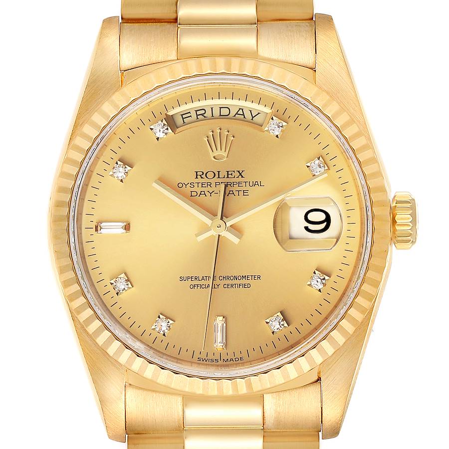 Rolex President Day-Date 36mm Yellow Gold Diamond Mens Watch 18238 Papers SwissWatchExpo