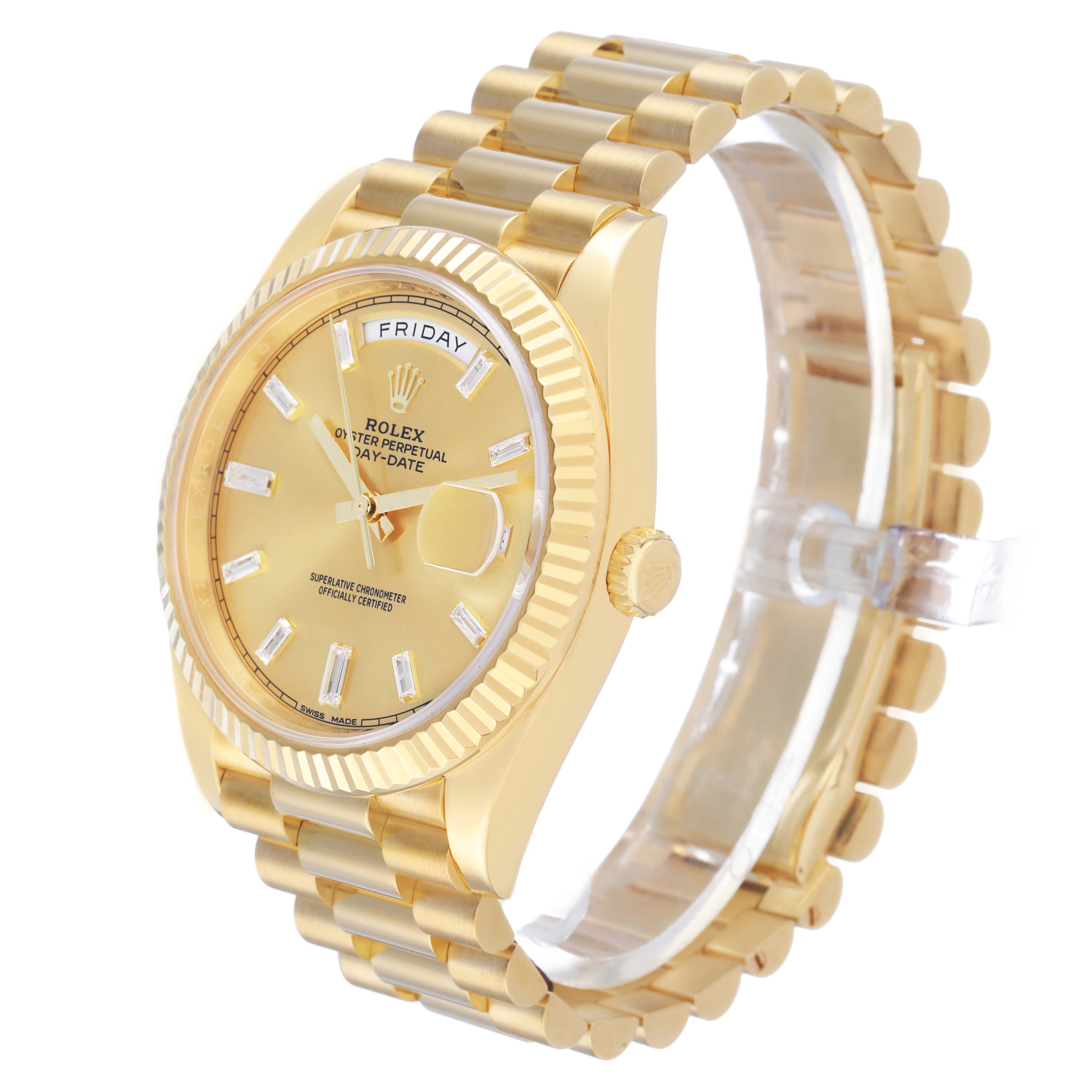 The Rolex President 228238 Men's Yellow Gold Champagne Dial model watch is shown at a three-quarter angle, displaying its gold case, fluted bezel, bracelet, and day-date dial.