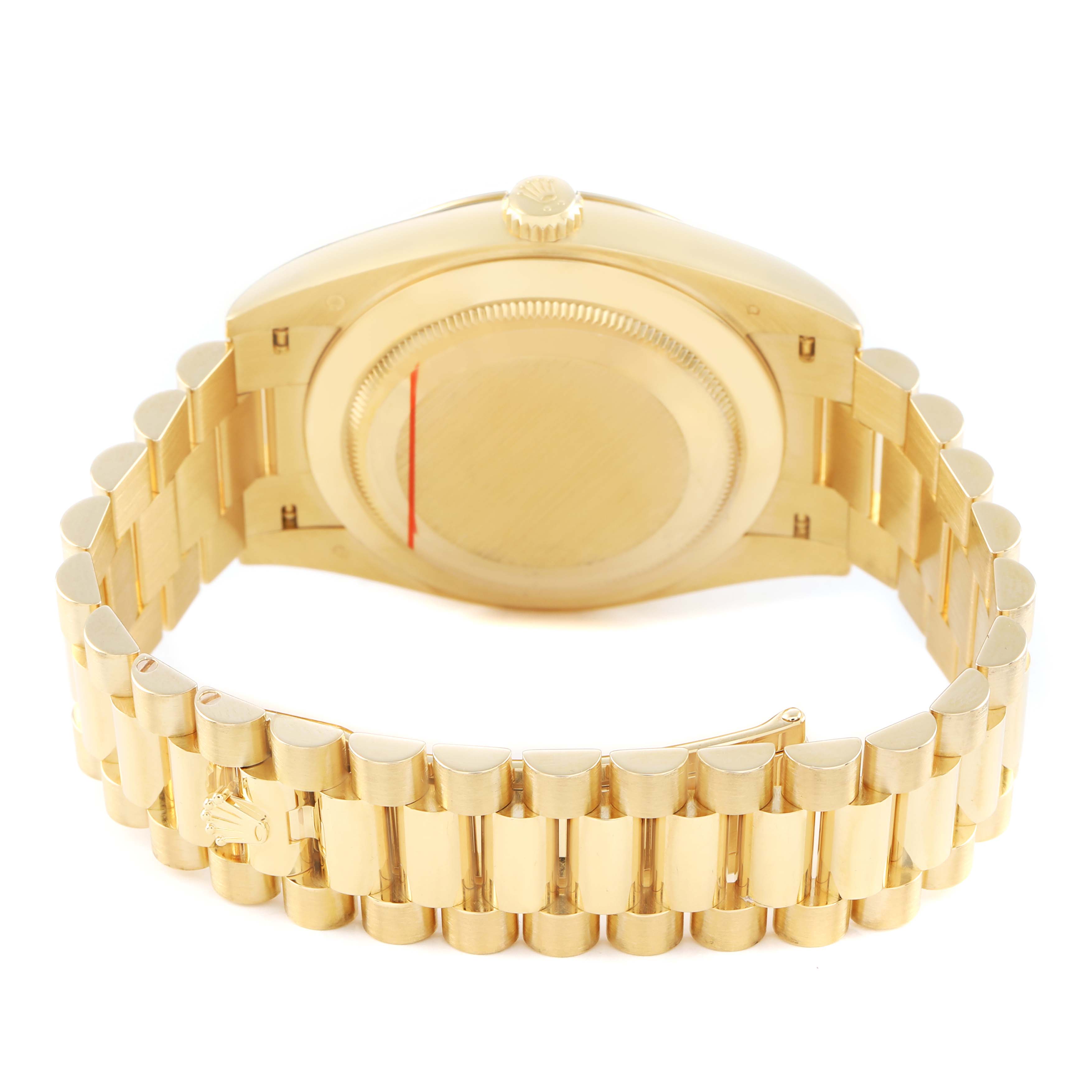 The image shows the back and bracelet of a Rolex President 228238 Men's Yellow Gold Champagne Dial model, focusing on the case back and bracelet links.