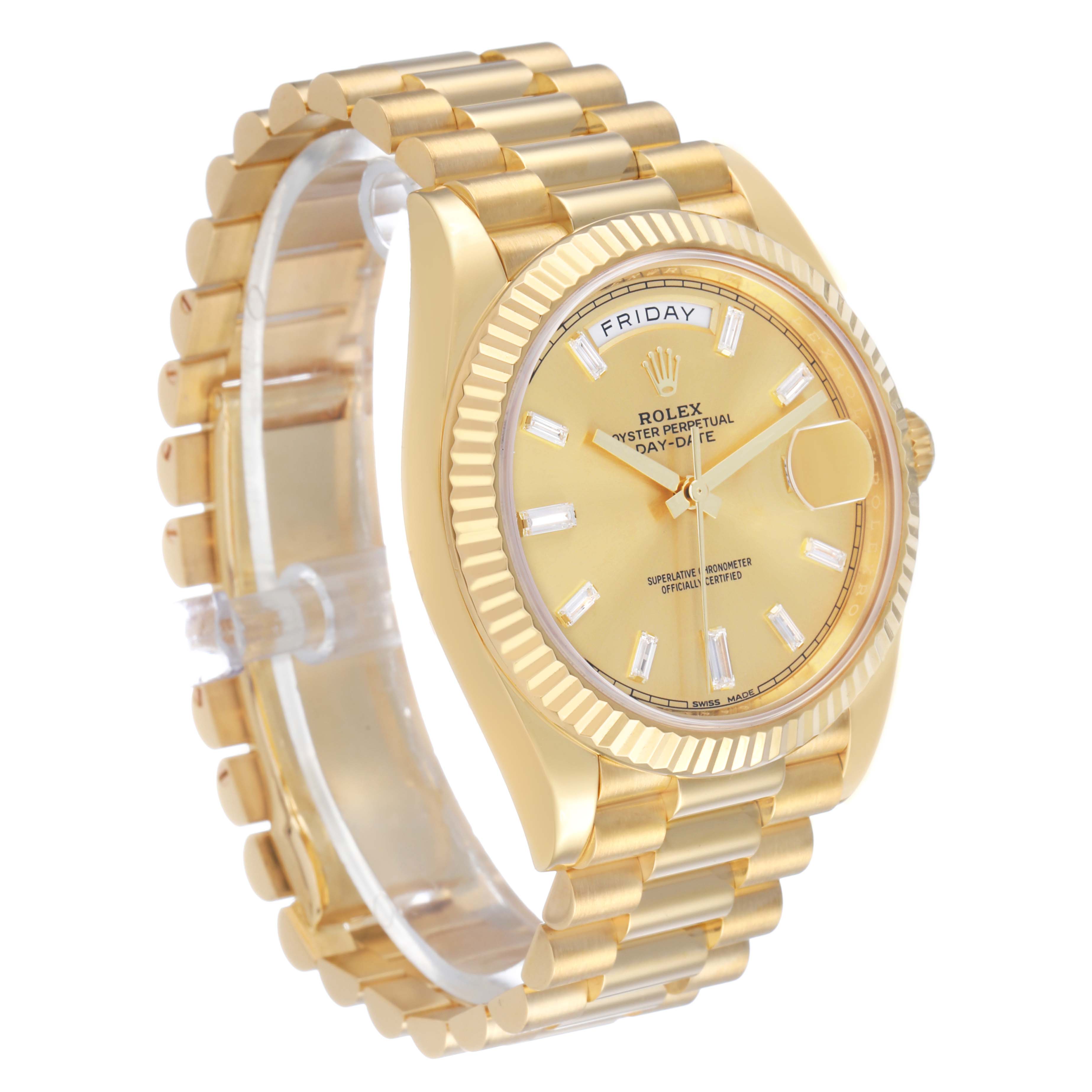 The Rolex President 228238 Men's Yellow Gold Champagne Dial model is shown from a front-right angle, highlighting the gold case, bracelet, fluted bezel, and day-date display.