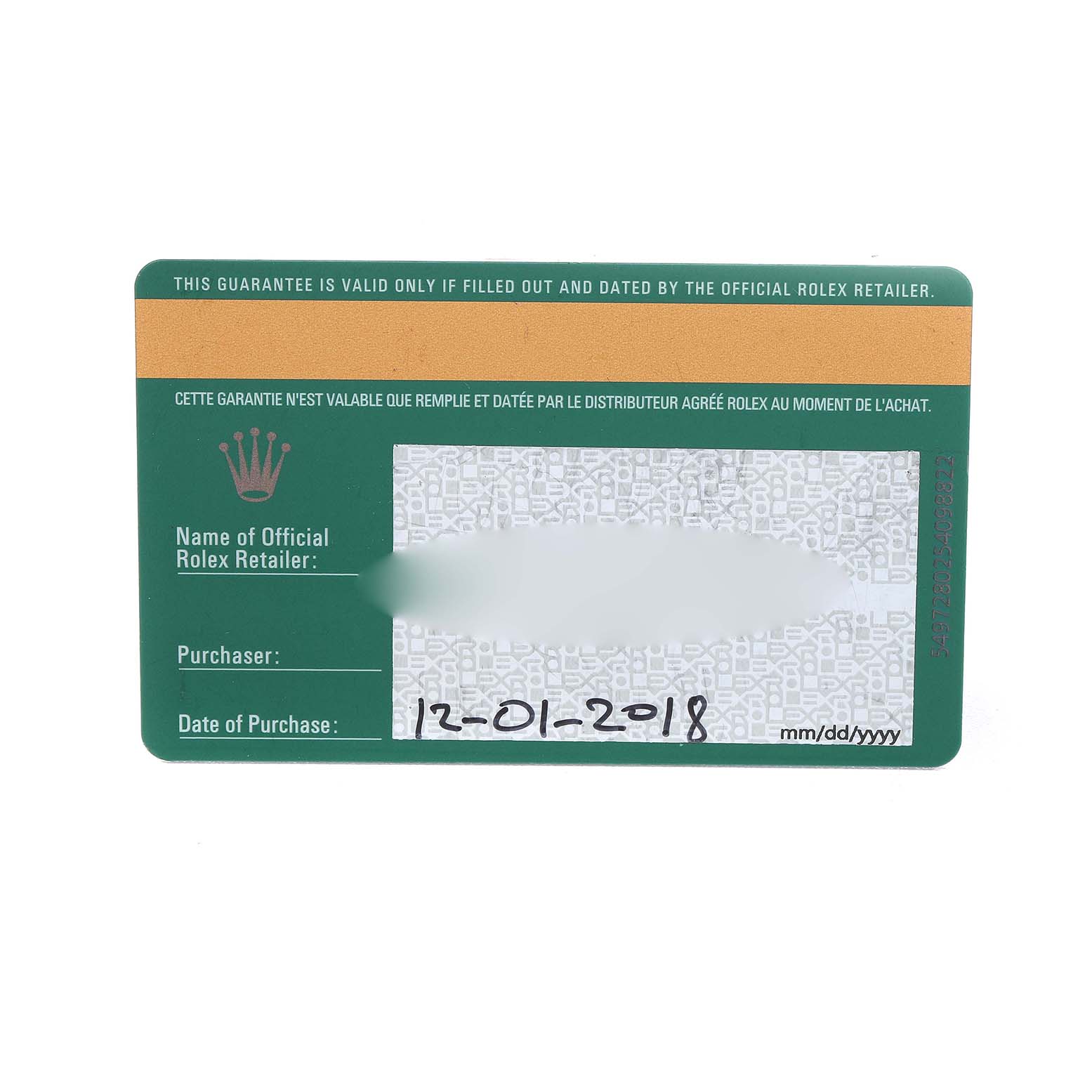The image shows a guarantee card for the Rolex President 228238 Men's Yellow Gold Champagne Dial model, displaying purchase details.