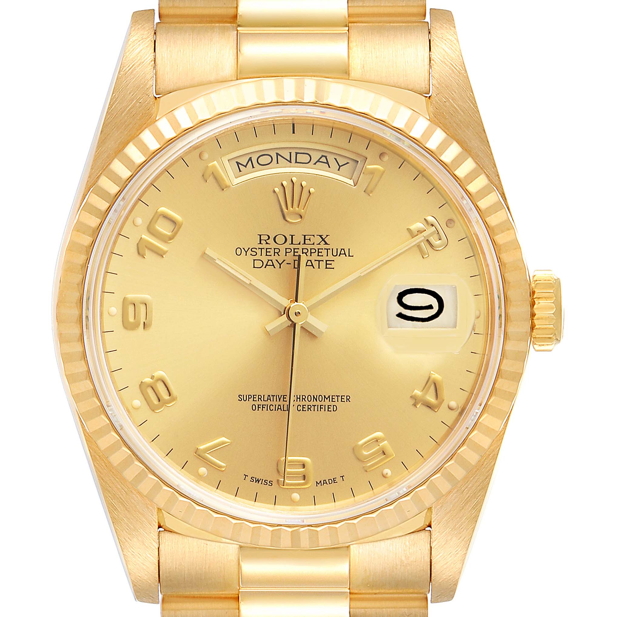 The image shows a front view of a Rolex President 18238 Men
s Yellow Gold Champagne Dial 18238 Men
s Yellow Gold Champagne Dial model watch, highlighting its gold dial, day and date displays, and fluted bezel.