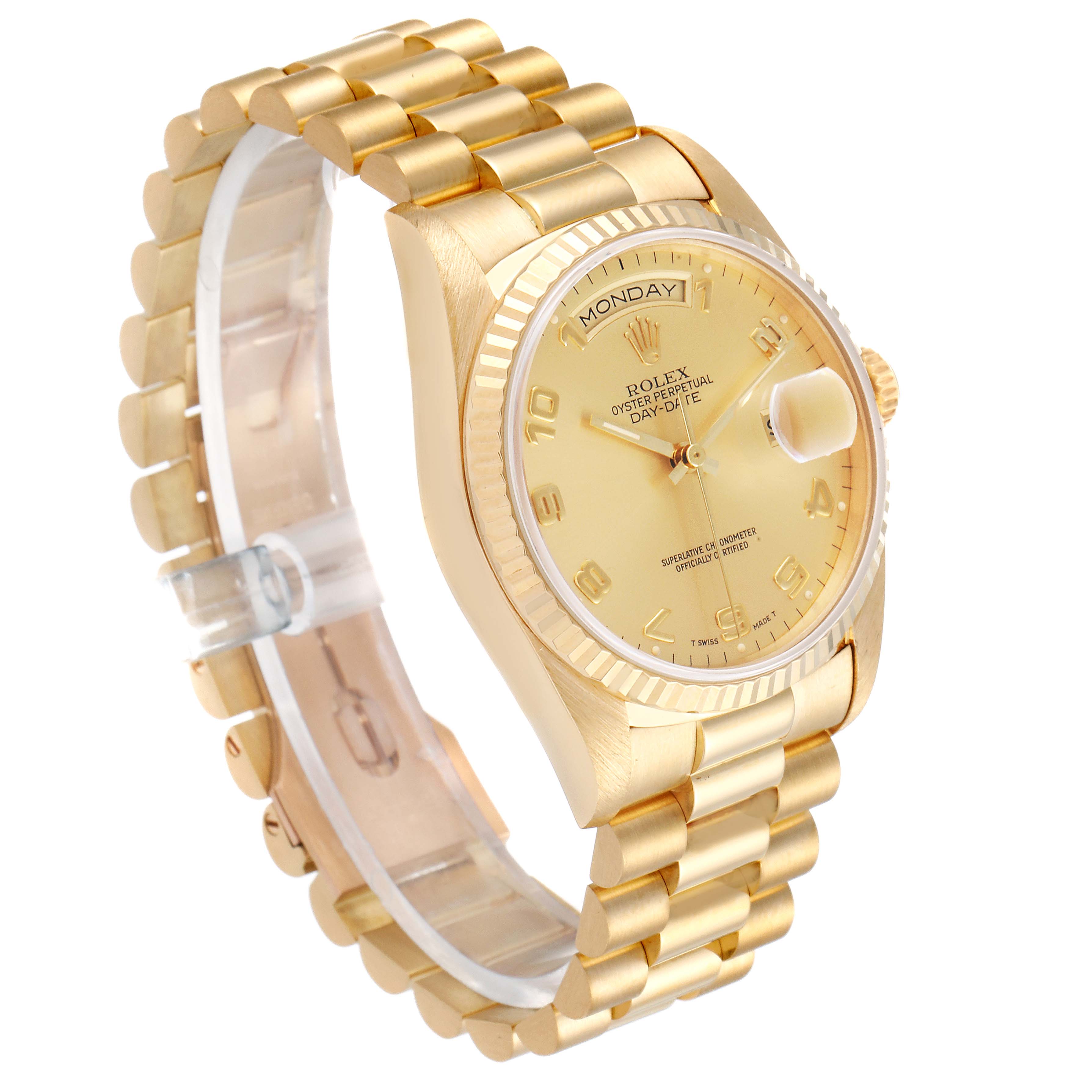 The image shows a side angle of a Rolex President 18238 Men
s Yellow Gold Champagne Dial 18238 Men
s Yellow Gold Champagne Dial model watch, displaying its gold bracelet, dial, and Datejust and Day function.