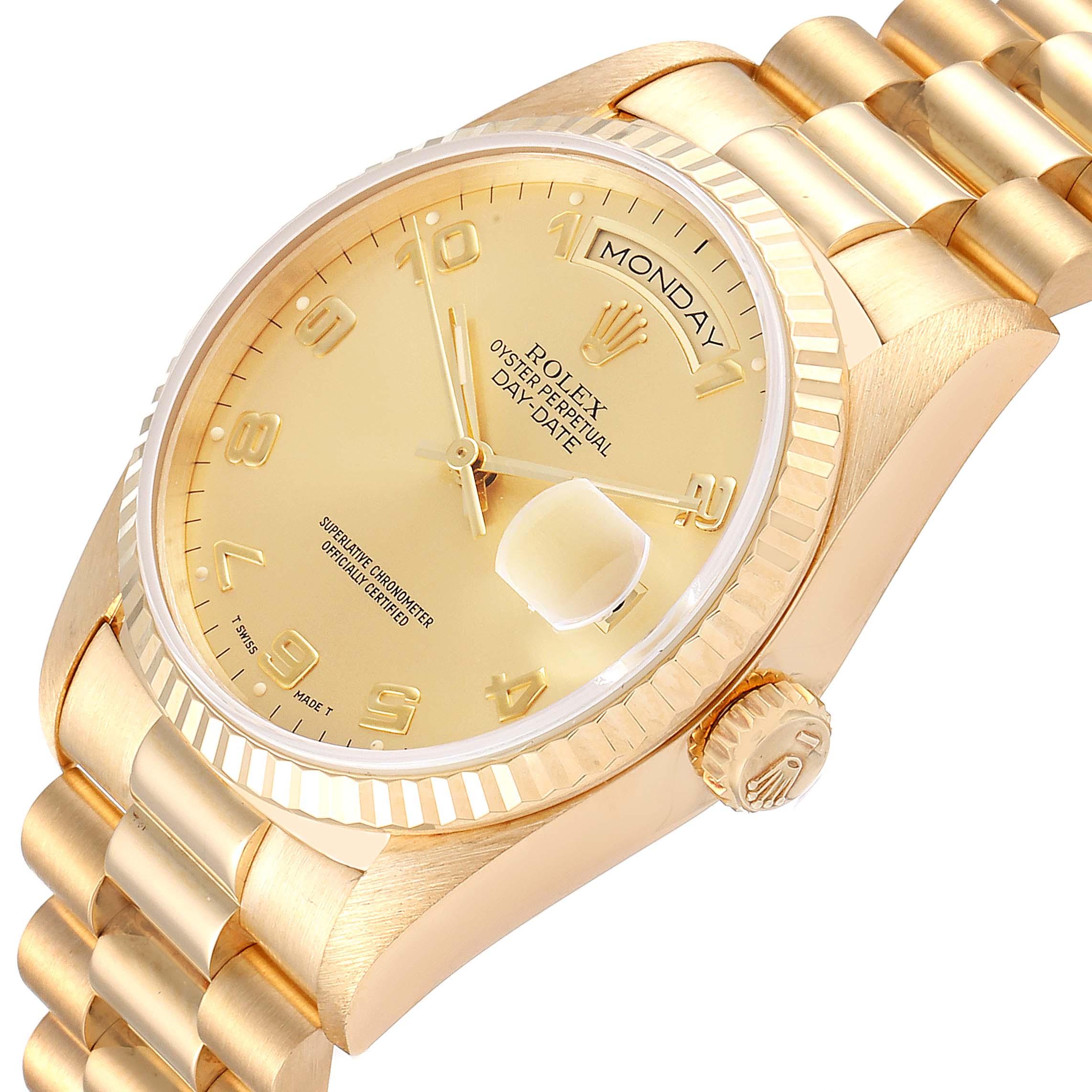 The image shows an angled view of the Rolex President 18238 Men
s Yellow Gold Champagne Dial 18238 Men
s Yellow Gold Champagne Dial model, highlighting the dial, bezel, crown, and part of the bracelet.