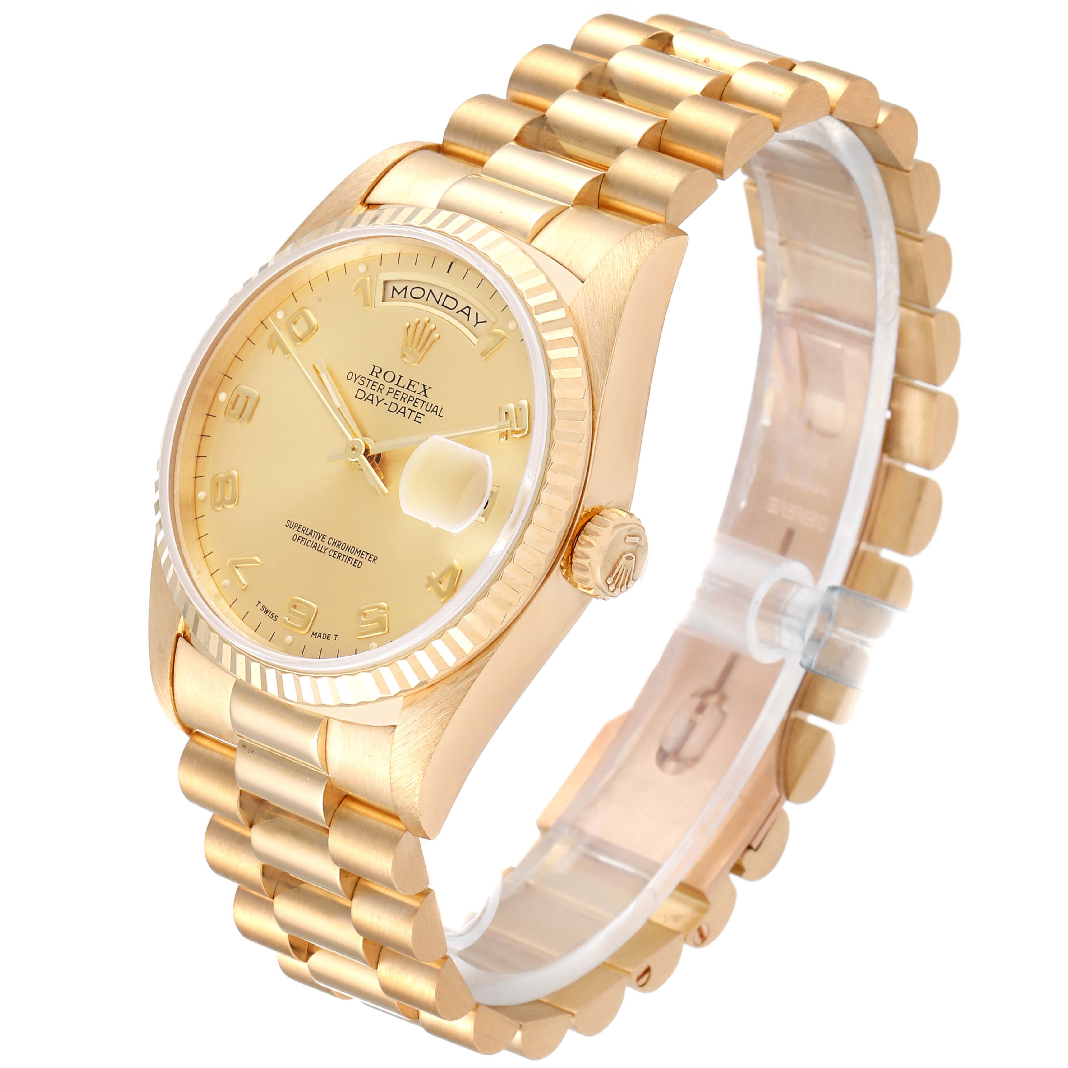 The image shows a Rolex President 18238 Men
s Yellow Gold Champagne Dial 18238 Men
s Yellow Gold Champagne Dial model watch from a front angle, highlighting its gold bracelet, dial, and fluted bezel.