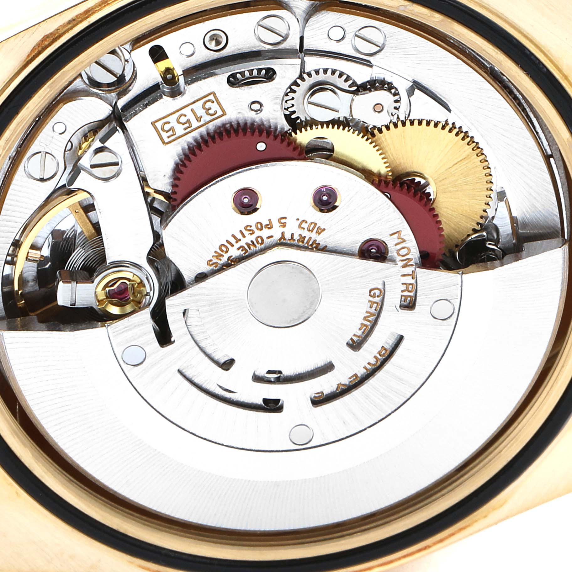 This image shows a close-up of the internal mechanical movement of a Rolex President 18238 Men
s Yellow Gold Champagne Dial 18238 Men
s Yellow Gold Champagne Dial model watch.