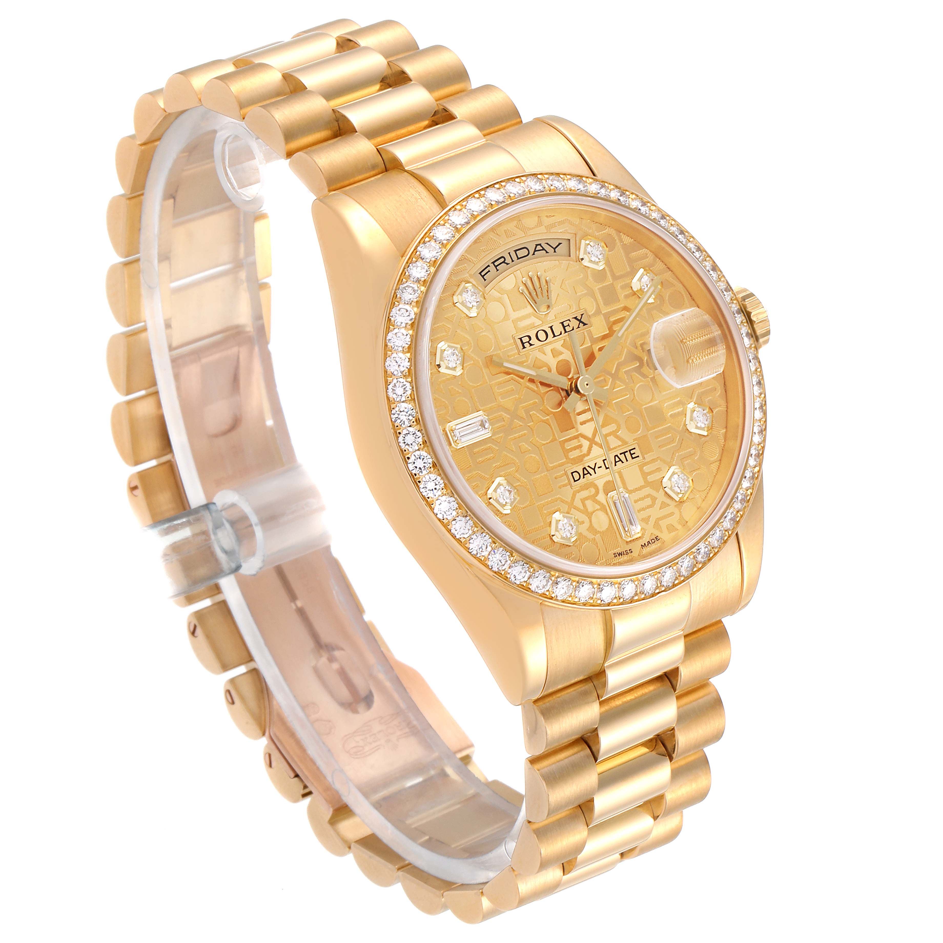 The image shows a Rolex President 118348 Men's Yellow Gold Champagne Dial 118348 Men's Yellow Gold Champagne Dial model watch at a three-quarter angle, highlighting its gold bracelet, diamond bezel, and detailed dial.
