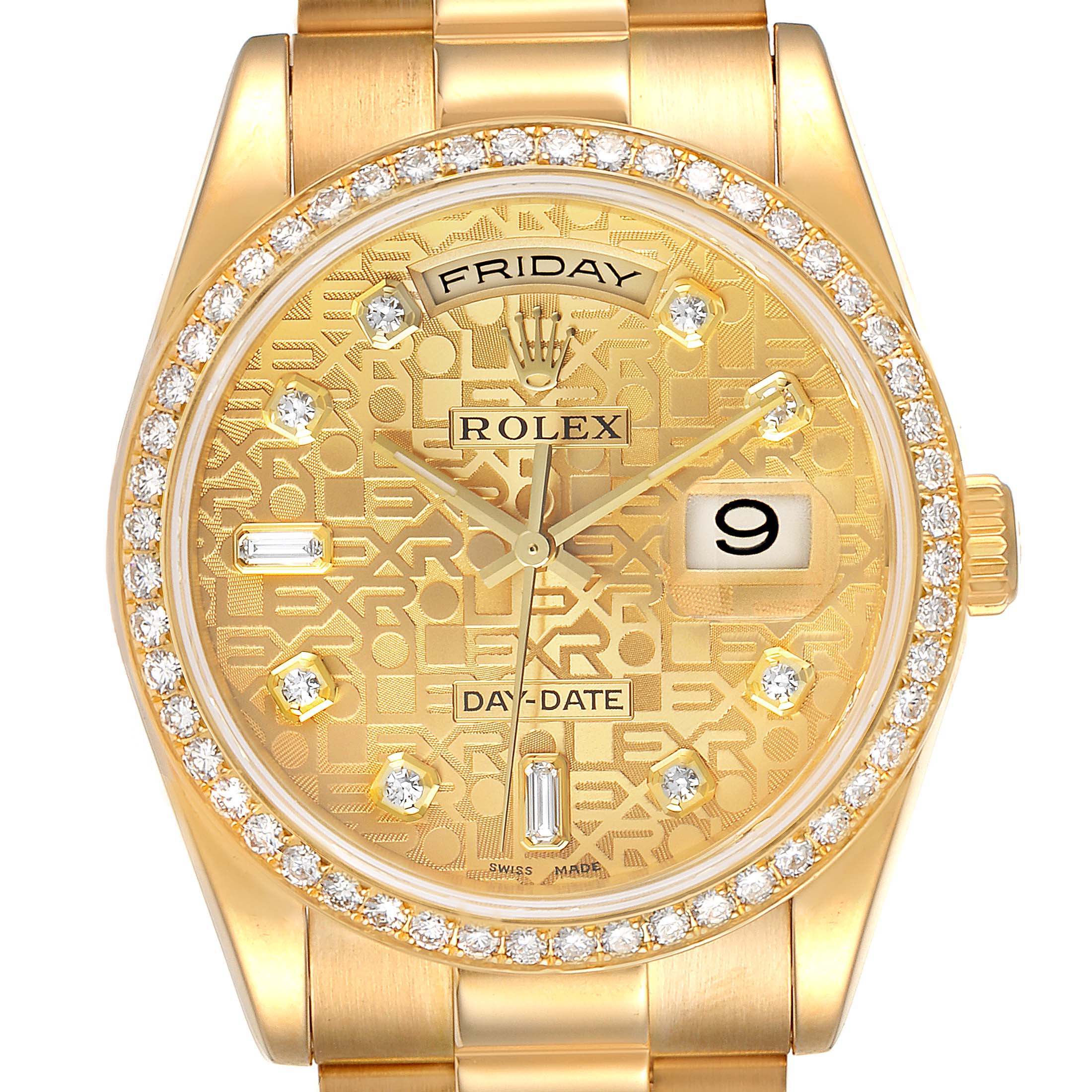 This is a close-up, front view of the Rolex President 118348 Men's Yellow Gold Champagne Dial 118348 Men's Yellow Gold Champagne Dial model watch, showing the face, bezel, and part of the bracelet.