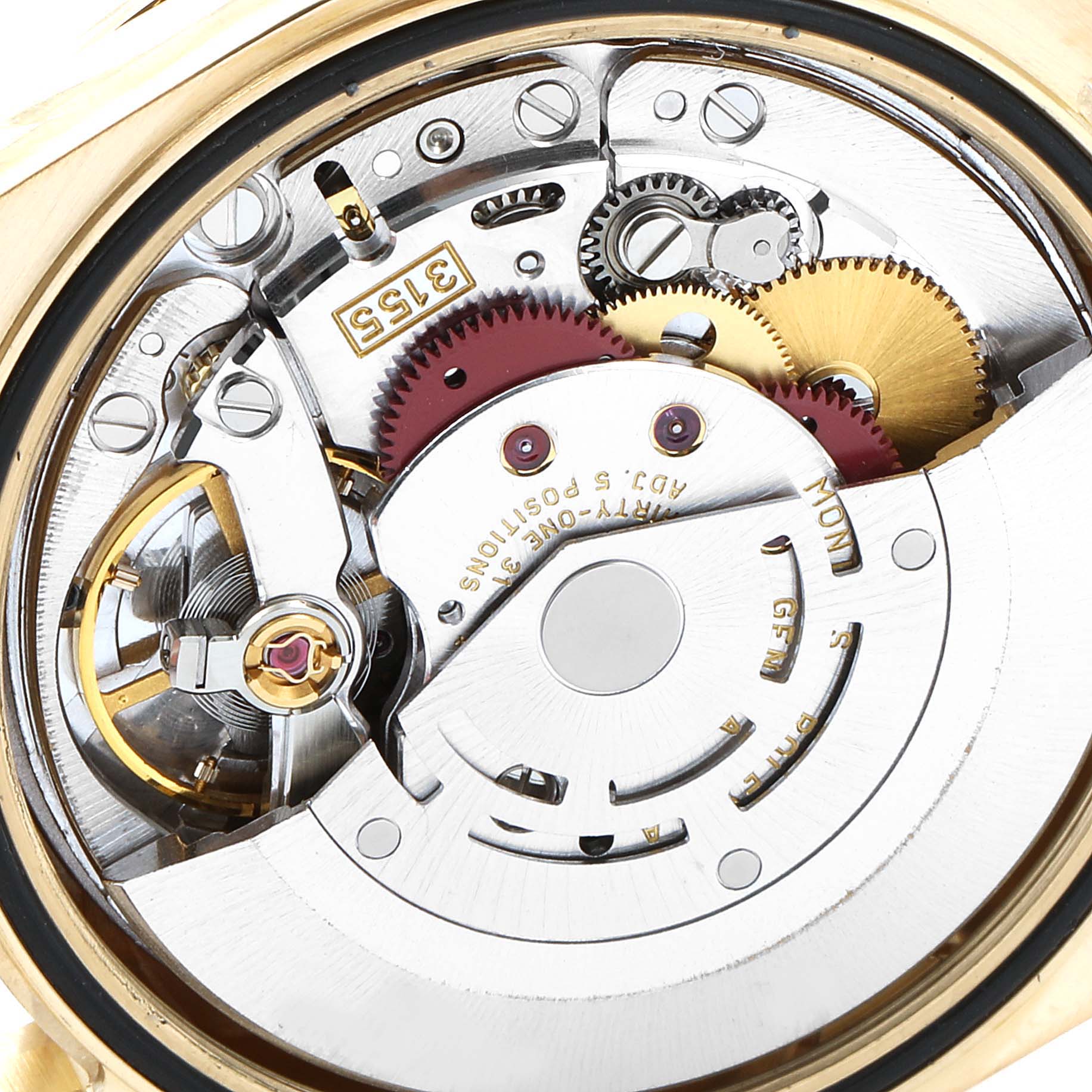 This image shows the internal mechanism of a Rolex President 118348 Men's Yellow Gold Champagne Dial 118348 Men's Yellow Gold Champagne Dial model watch from the back angle.