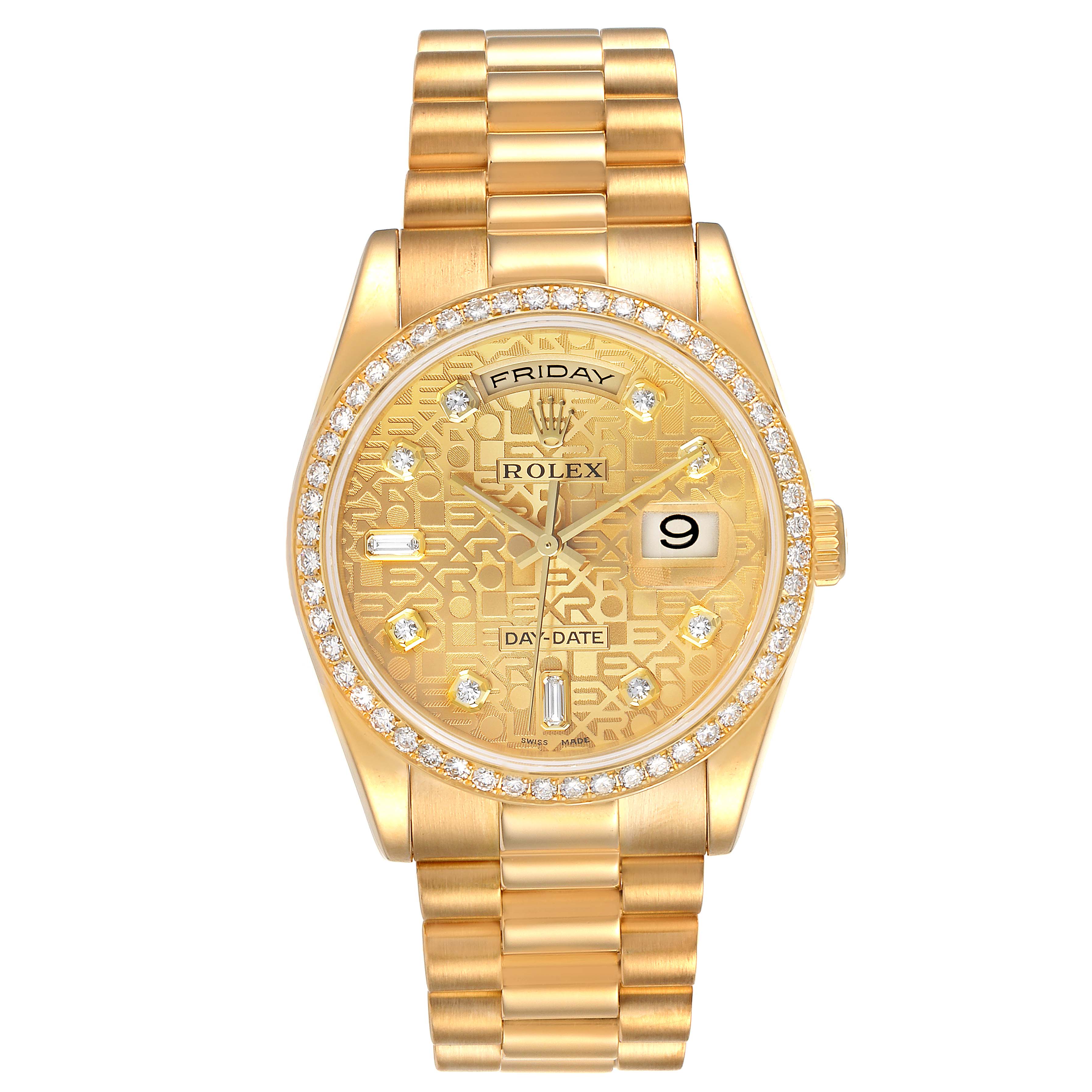 The image shows a frontal view of a Rolex President 118348 Men's Yellow Gold Champagne Dial 118348 Men's Yellow Gold Champagne Dial model watch, displaying its dial, bezel, and bracelet.