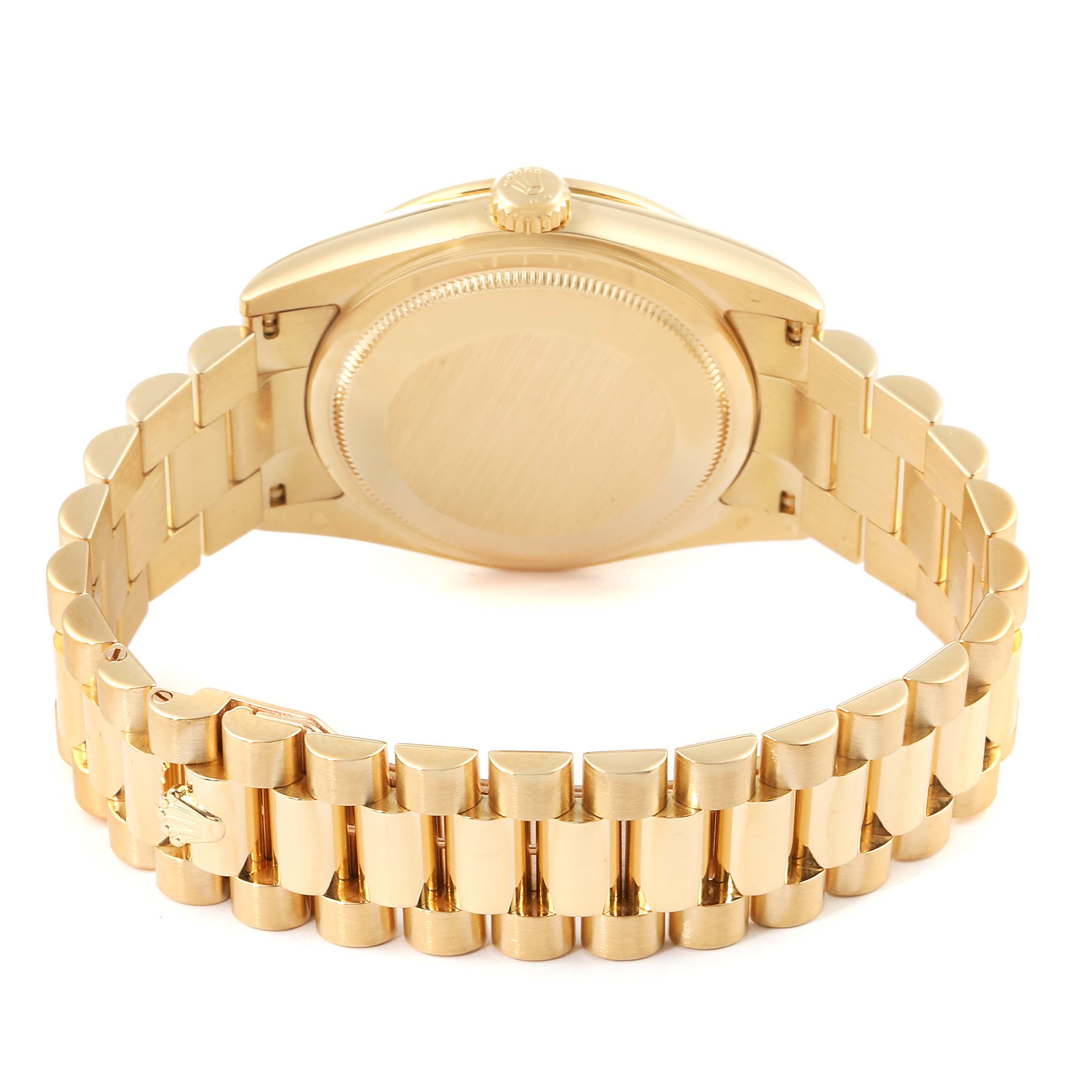 This image shows the backside and bracelet of a Rolex President 118348 Men's Yellow Gold Champagne Dial 118348 Men's Yellow Gold Champagne Dial model watch, highlighting the clasp and case back.