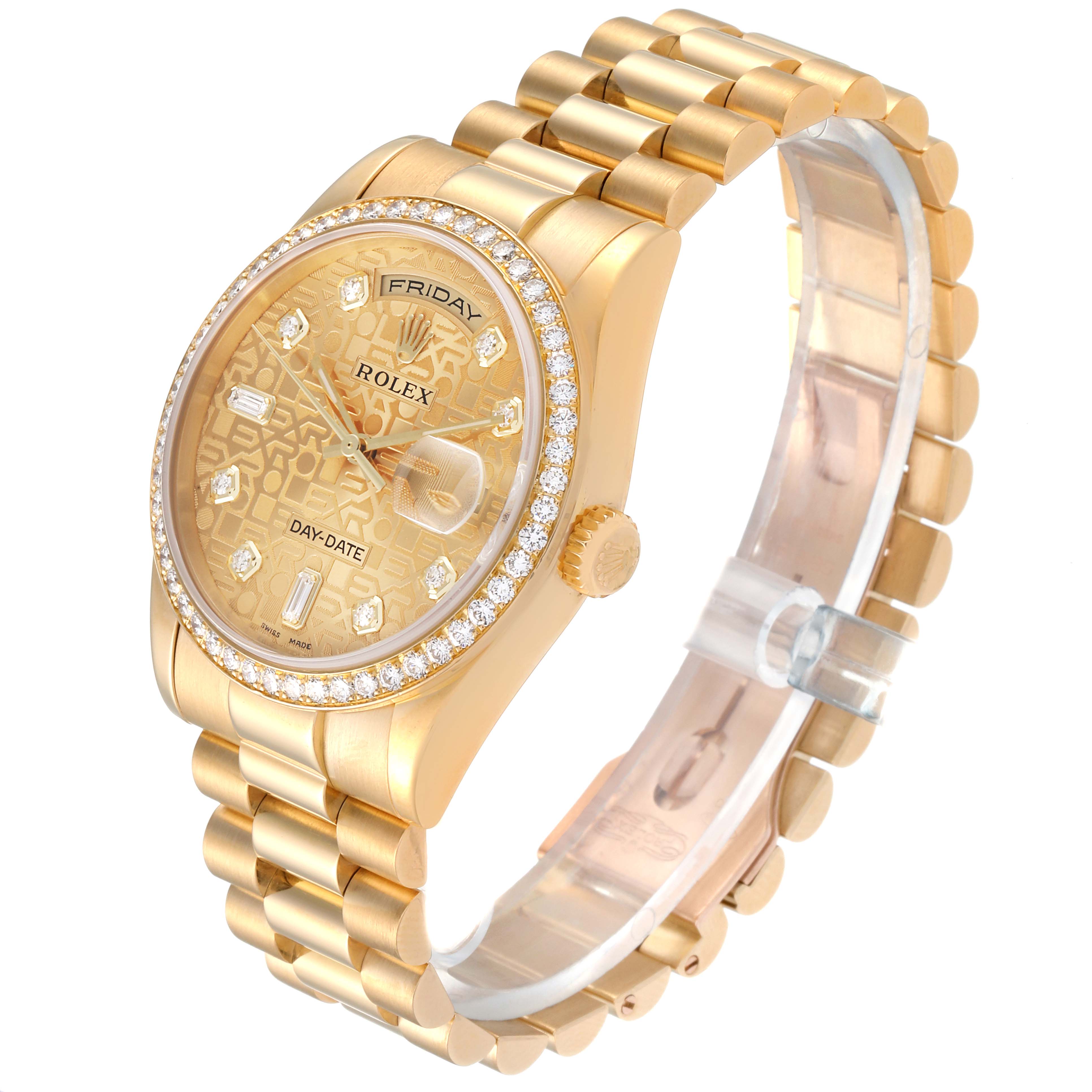 This image shows a Rolex President 118348 Men's Yellow Gold Champagne Dial 118348 Men's Yellow Gold Champagne Dial model watch angled to display the face, bezel, case, crown, and bracelet.