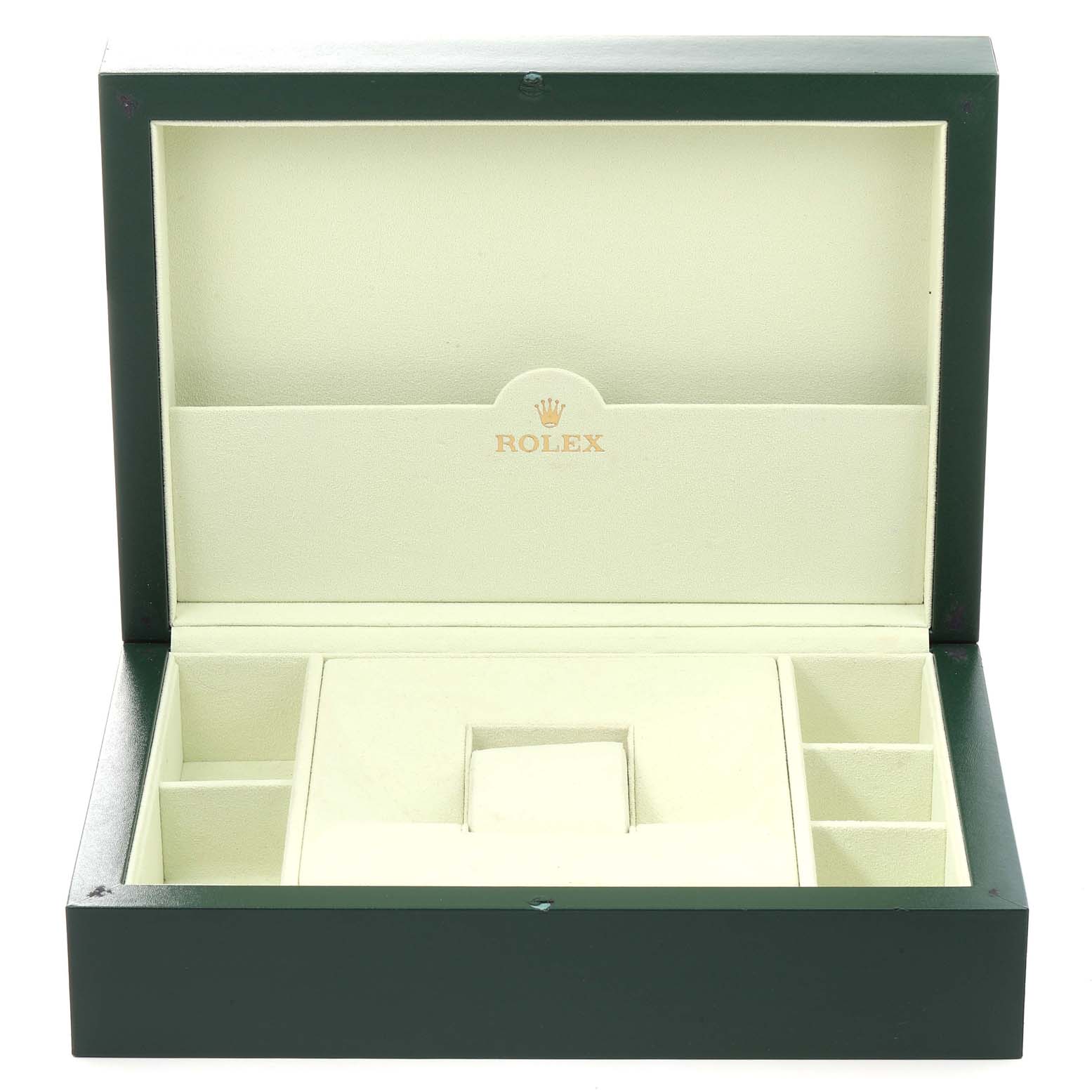 The image shows an open watch box for the Rolex President 118348 Men's Yellow Gold Champagne Dial 118348 Men's Yellow Gold Champagne Dial model, featuring compartments and the Rolex logo inside.